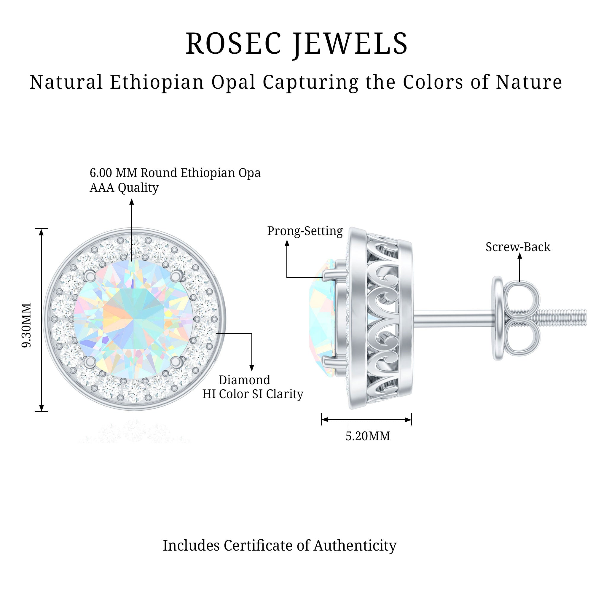 1.6 Carat Round Ethiopian Opal and Diamond Halo Stud Earrings AAA - Rosec Jewels