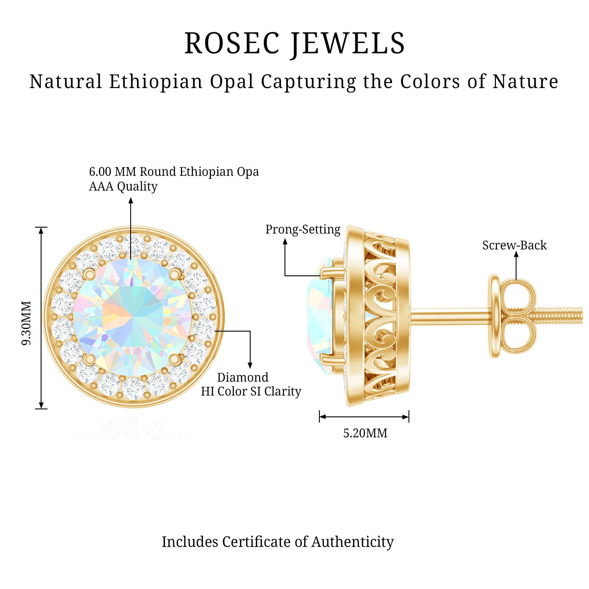 1.6 Carat Round Ethiopian Opal and Diamond Halo Stud Earrings AAA - Rosec Jewels