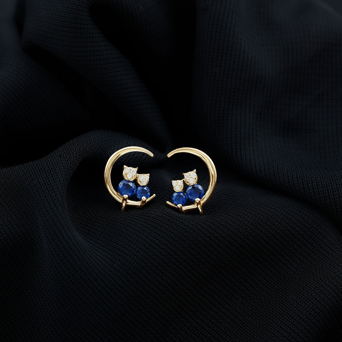 Lab Grown Blue Sapphire and Diamond Cat and Moon Stud Earrings AAAA - Rosec Jewels