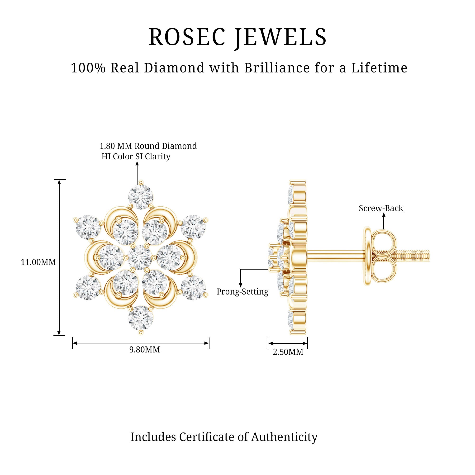 Certified Diamond Snowflake Stud Earrings Natural - ( HI-SI ) - Rosec Jewels