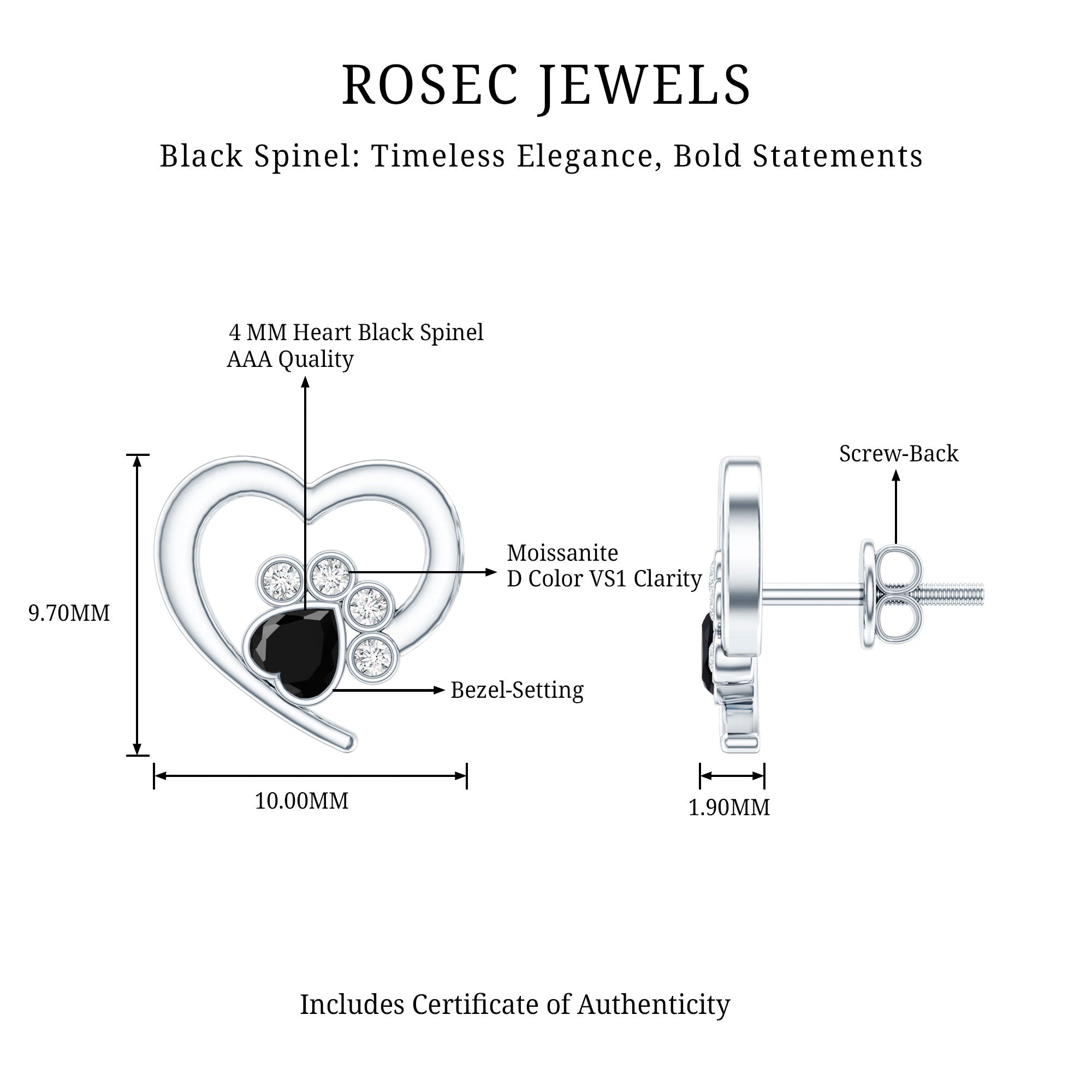 Heart Shape Black Spinel Paw Stud Earrings with Moissanite AAA - Rosec Jewels