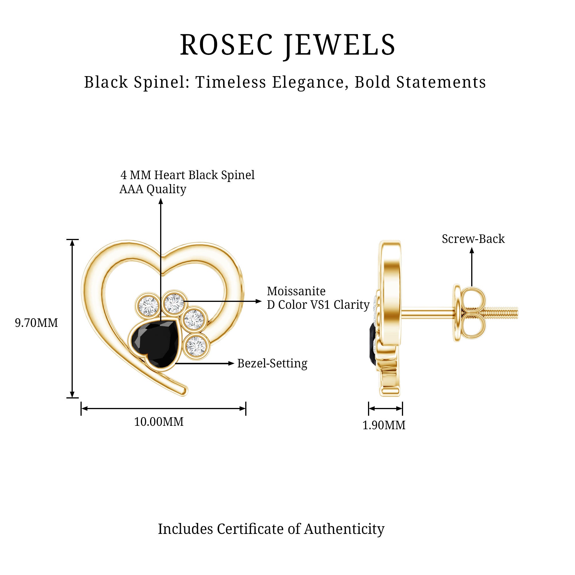 Heart Shape Black Spinel Paw Stud Earrings with Moissanite AAA - Rosec Jewels