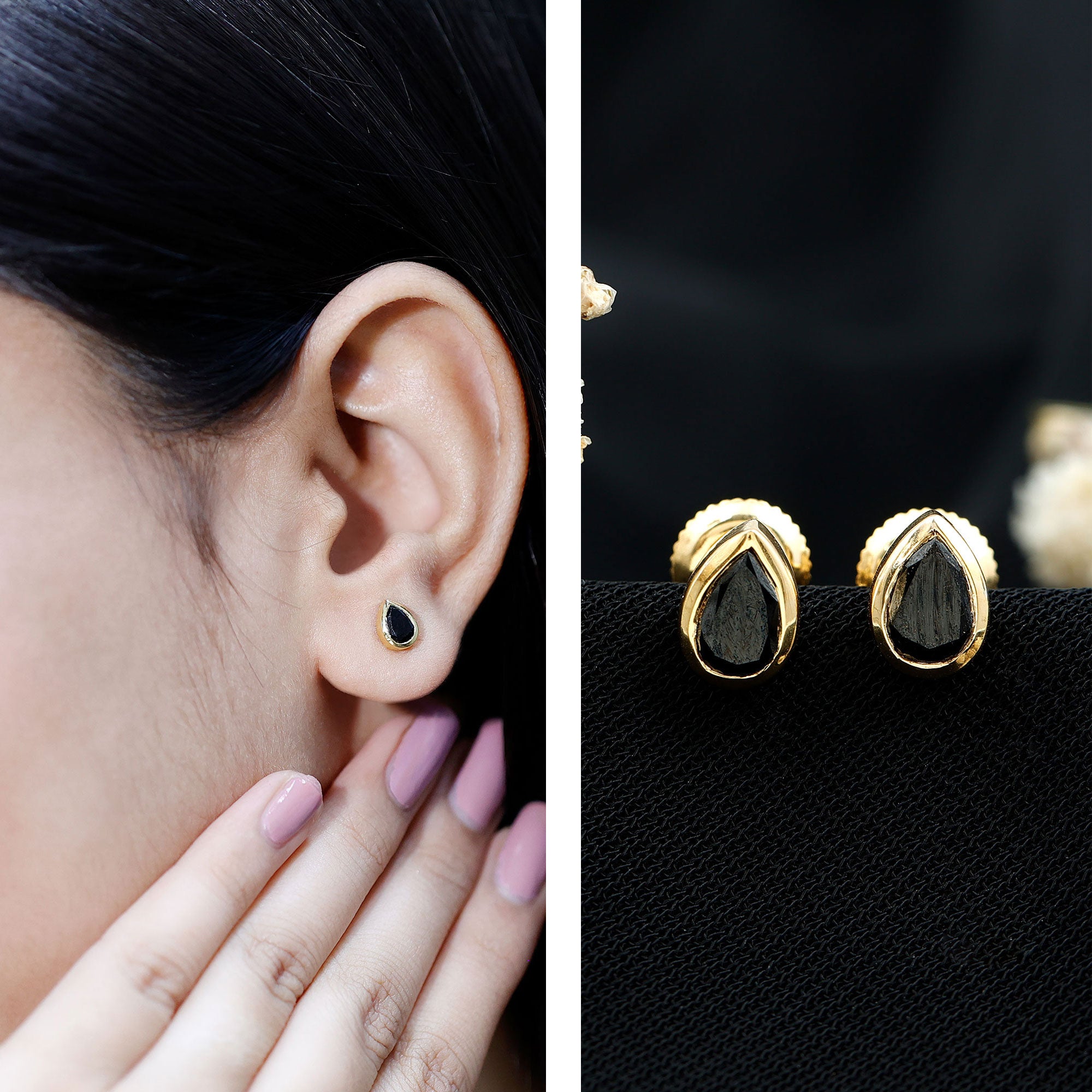 Pear Shaped 1.5 Carat Lab Grown Black Diamond Stud Earrings for Women AAAA ( Synthetic ) 14K Yellow Gold Plated Silver - Rosec Jewels