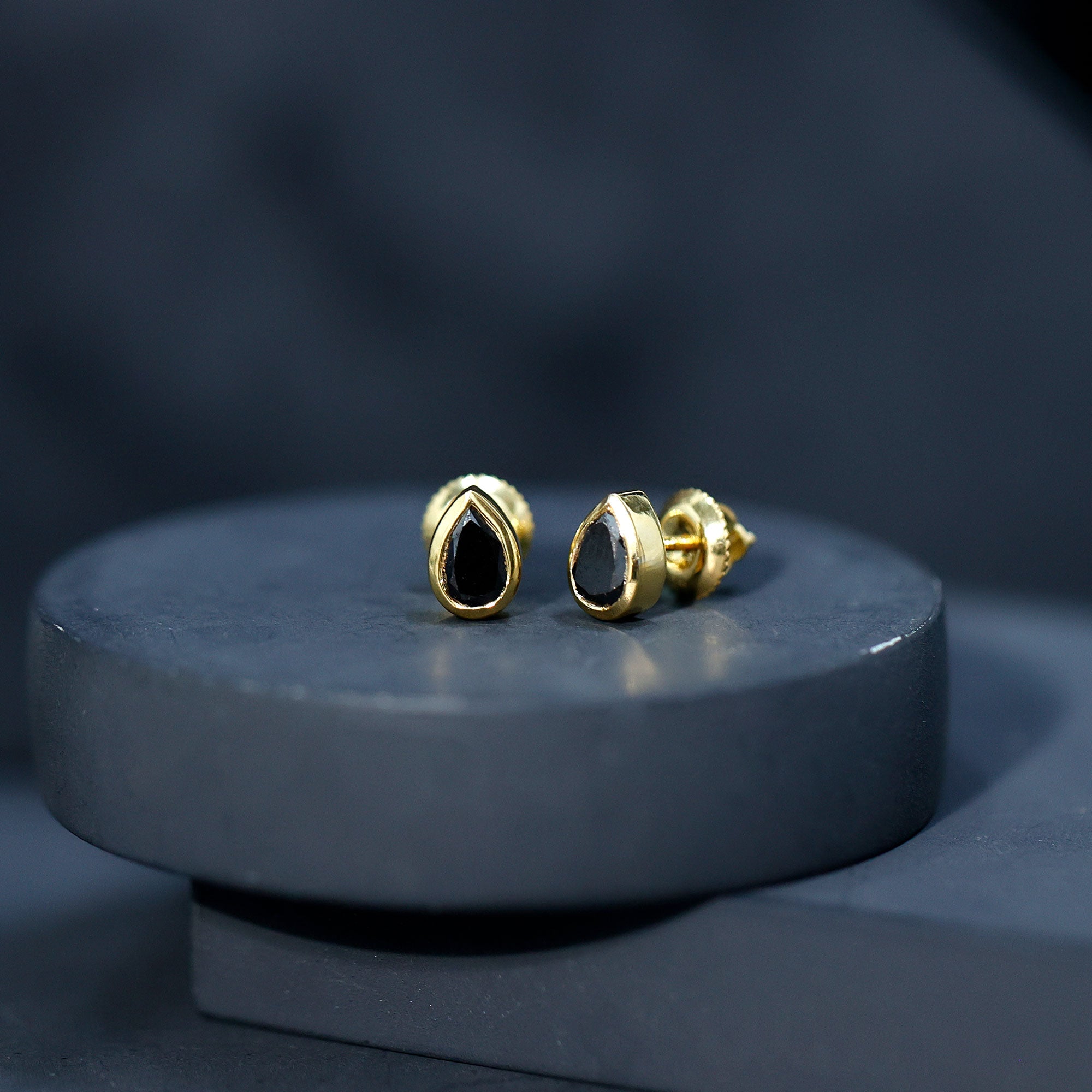 Pear Shaped 1.5 Carat Lab Grown Black Diamond Stud Earrings for Women AAAA ( Synthetic ) 14K Yellow Gold Plated Silver - Rosec Jewels