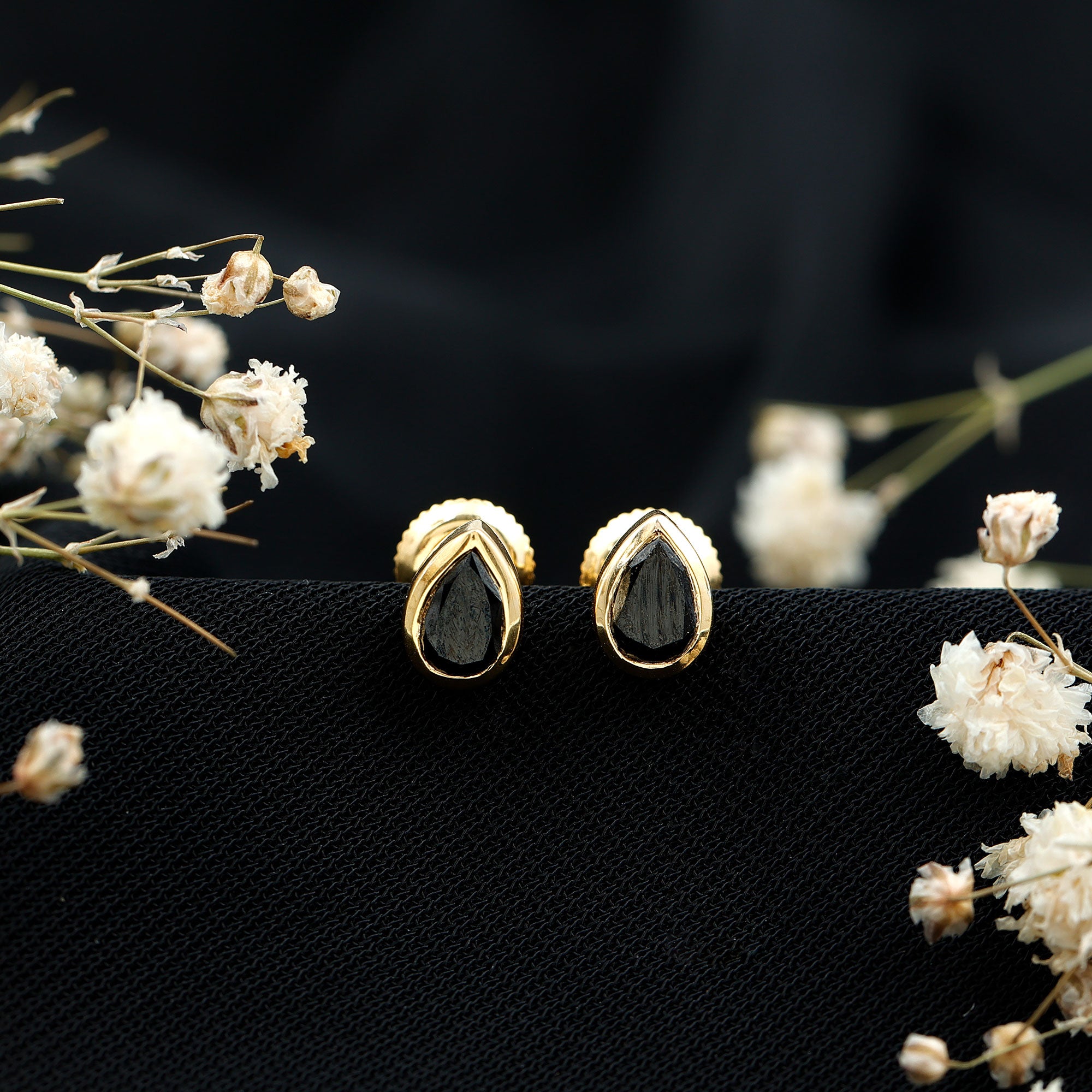 Pear Shaped 1.5 Carat Lab Grown Black Diamond Stud Earrings for Women AAAA ( Synthetic ) 14K Yellow Gold Plated Silver - Rosec Jewels