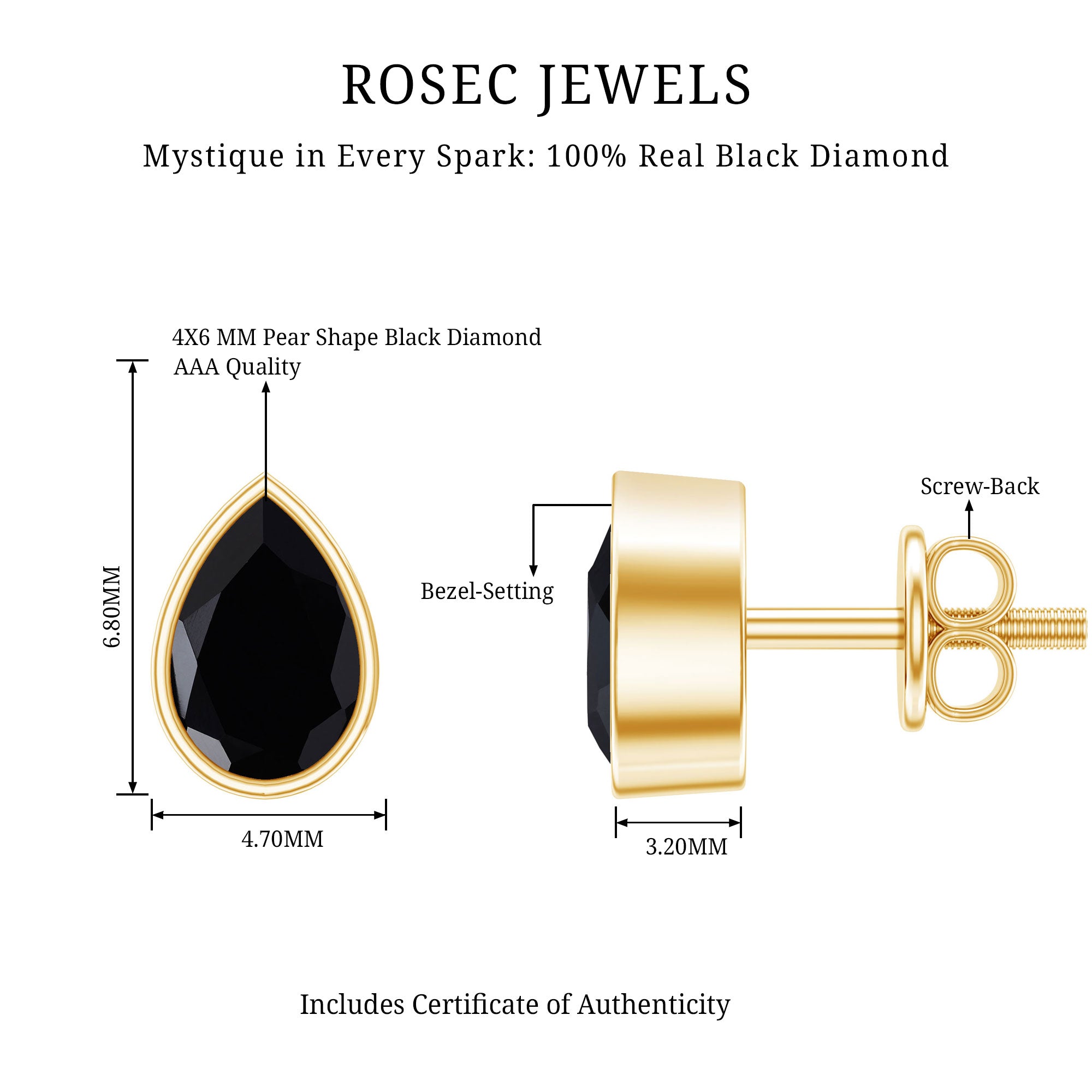 Natural 1.15 Carat Black Diamond Stud Earrings with Bezel Set AAA 14K Yellow Gold Plated Silver - Rosec Jewels