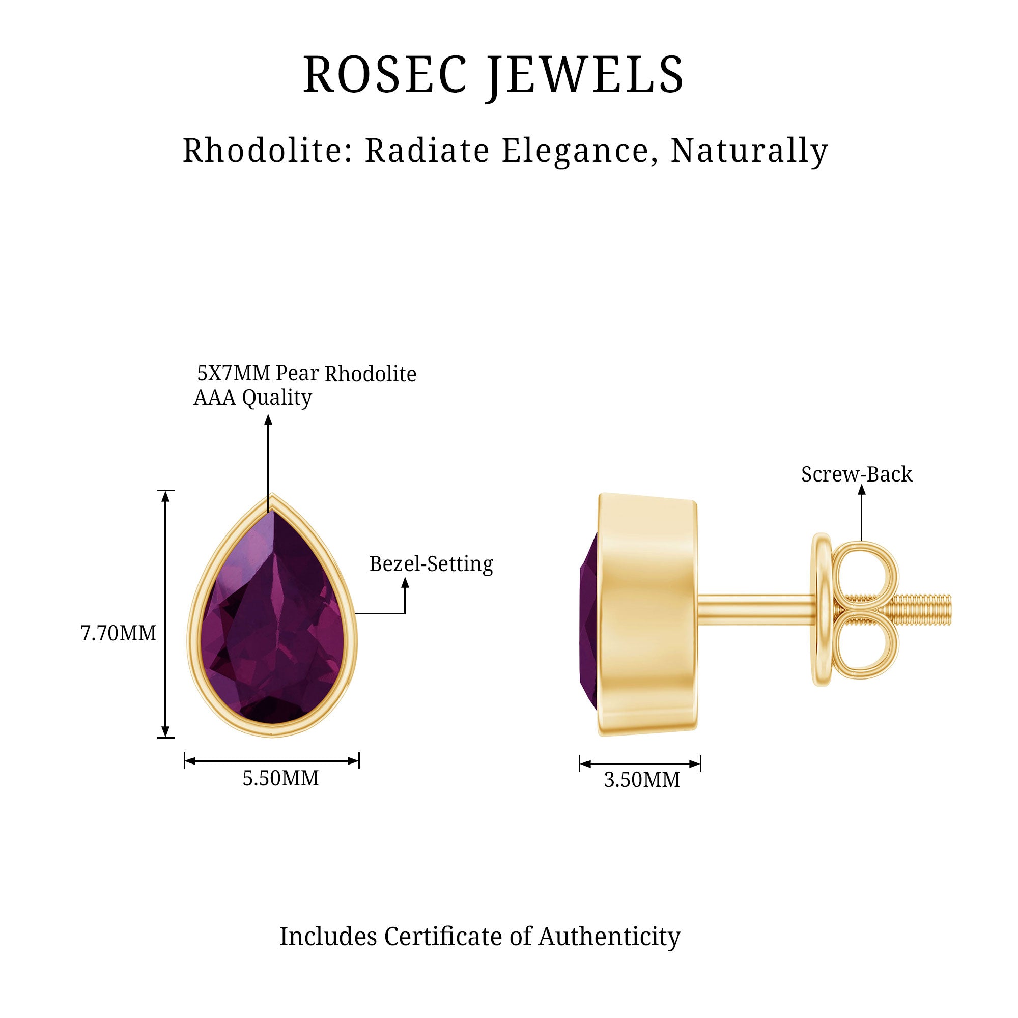 1.7 Carat Pear Shape Rhodolite Garnet Stud Earrings for Women AAA 14K Yellow Gold Plated Silver - Rosec Jewels