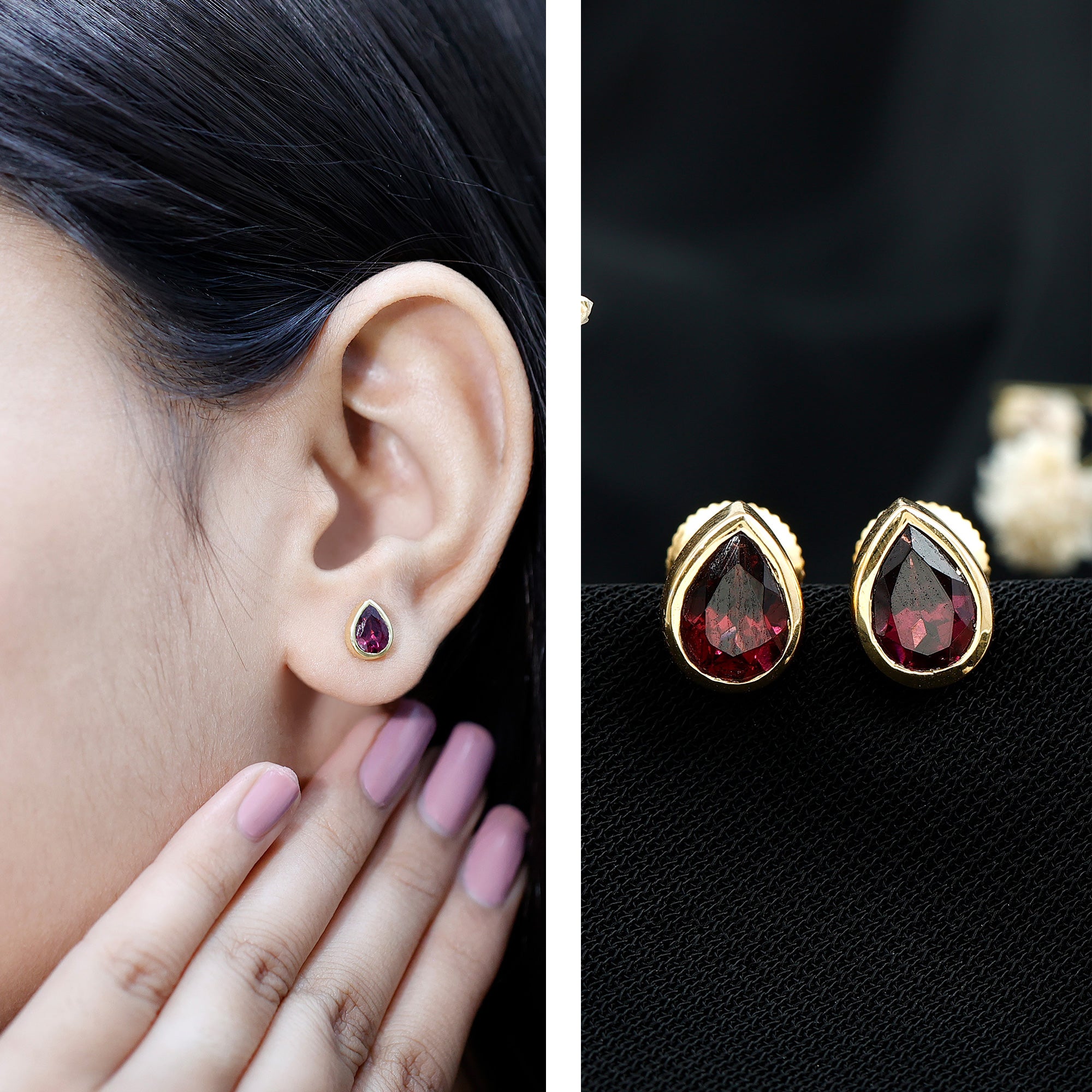 1.7 Carat Pear Shape Rhodolite Garnet Stud Earrings for Women AAA 14K Yellow Gold Plated Silver - Rosec Jewels