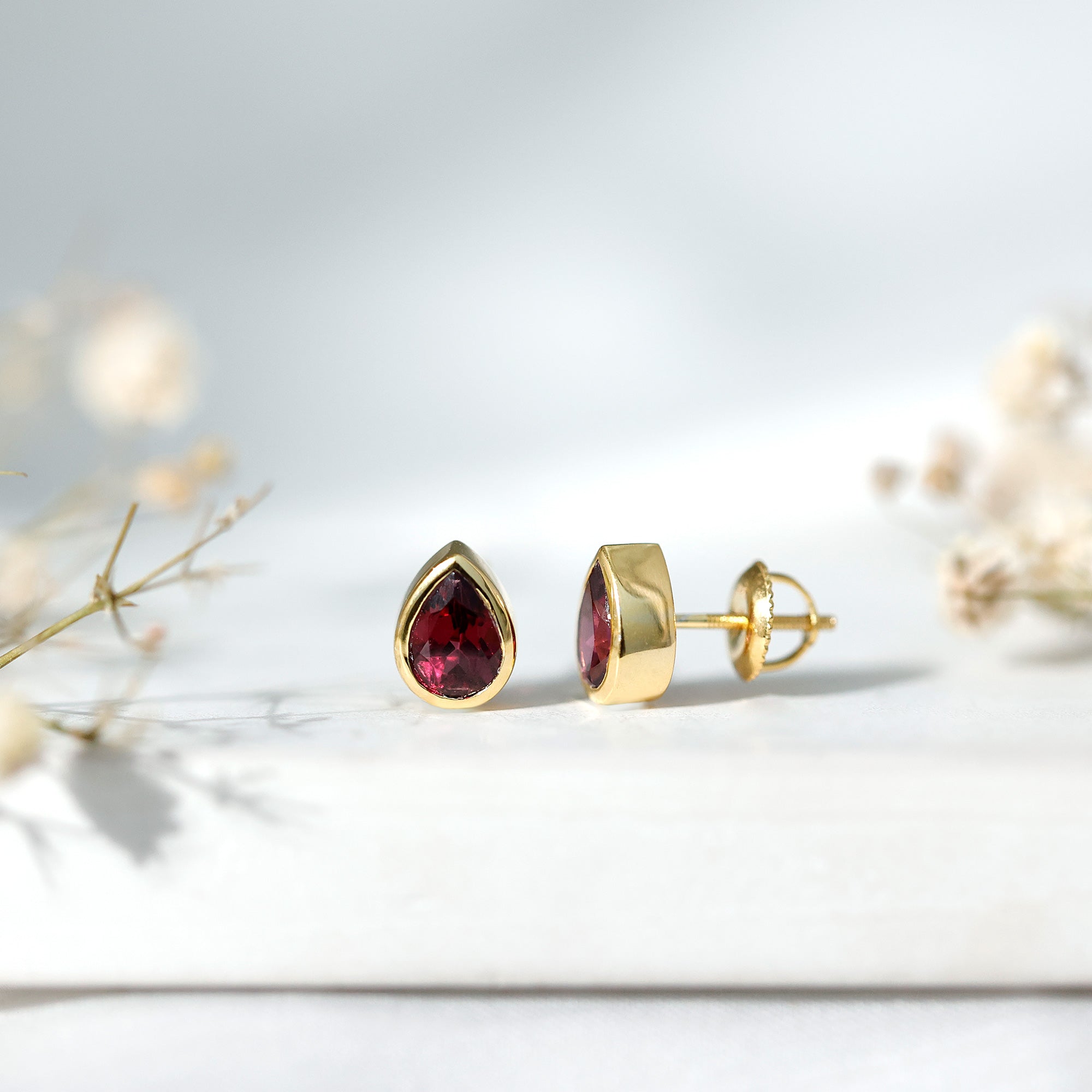 1.7 Carat Pear Shape Rhodolite Garnet Stud Earrings for Women AAA 14K Yellow Gold Plated Silver - Rosec Jewels