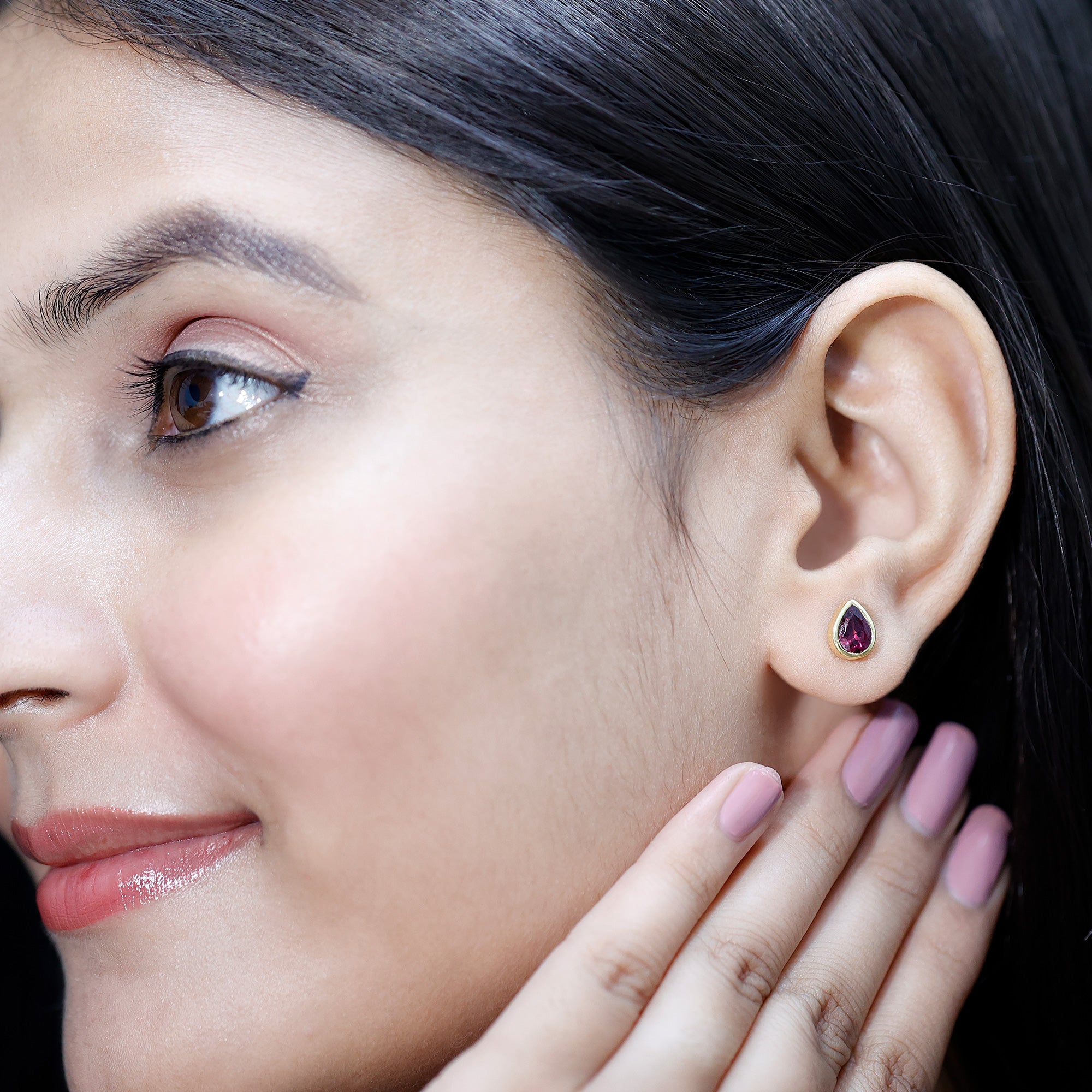 1.7 Carat Pear Shape Rhodolite Garnet Stud Earrings for Women AAA 14K Yellow Gold Plated Silver - Rosec Jewels