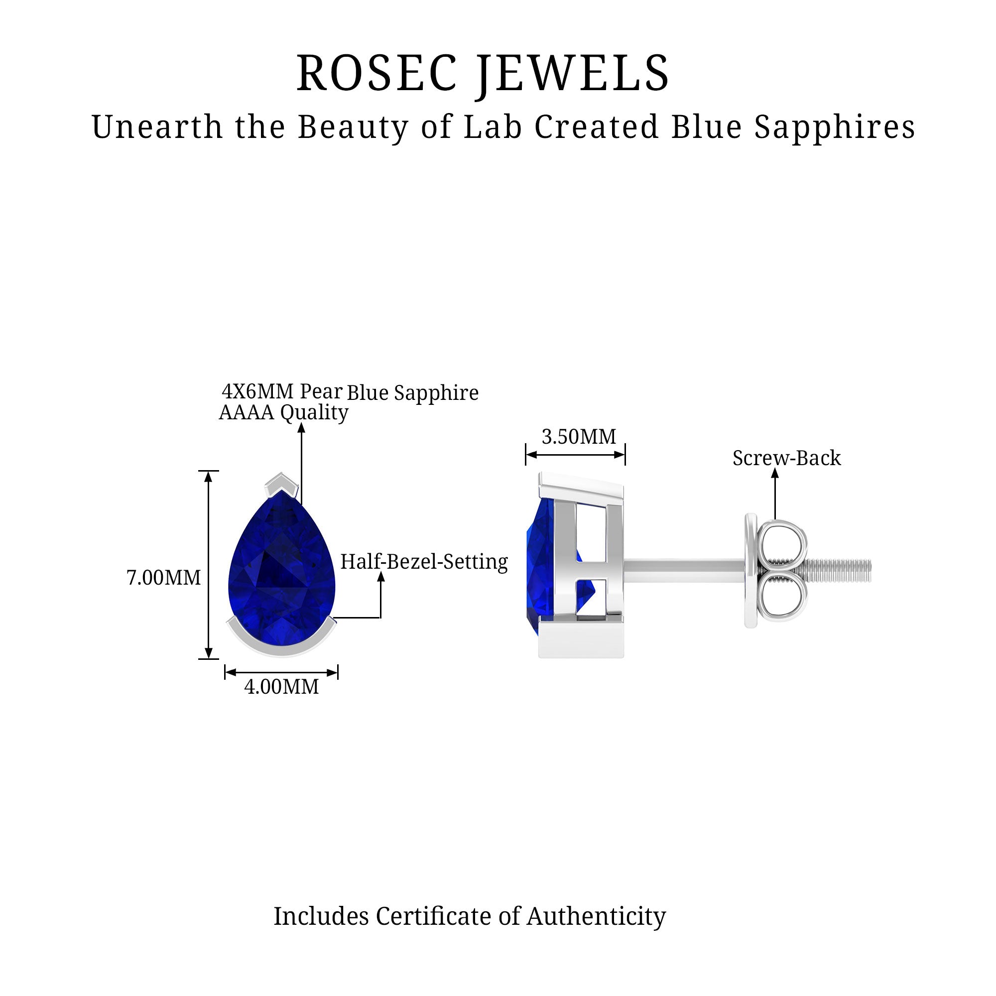 1 Carat Lab Grown Blue Sapphire Teardrop Stud Earrings AAAA - Rosec Jewels