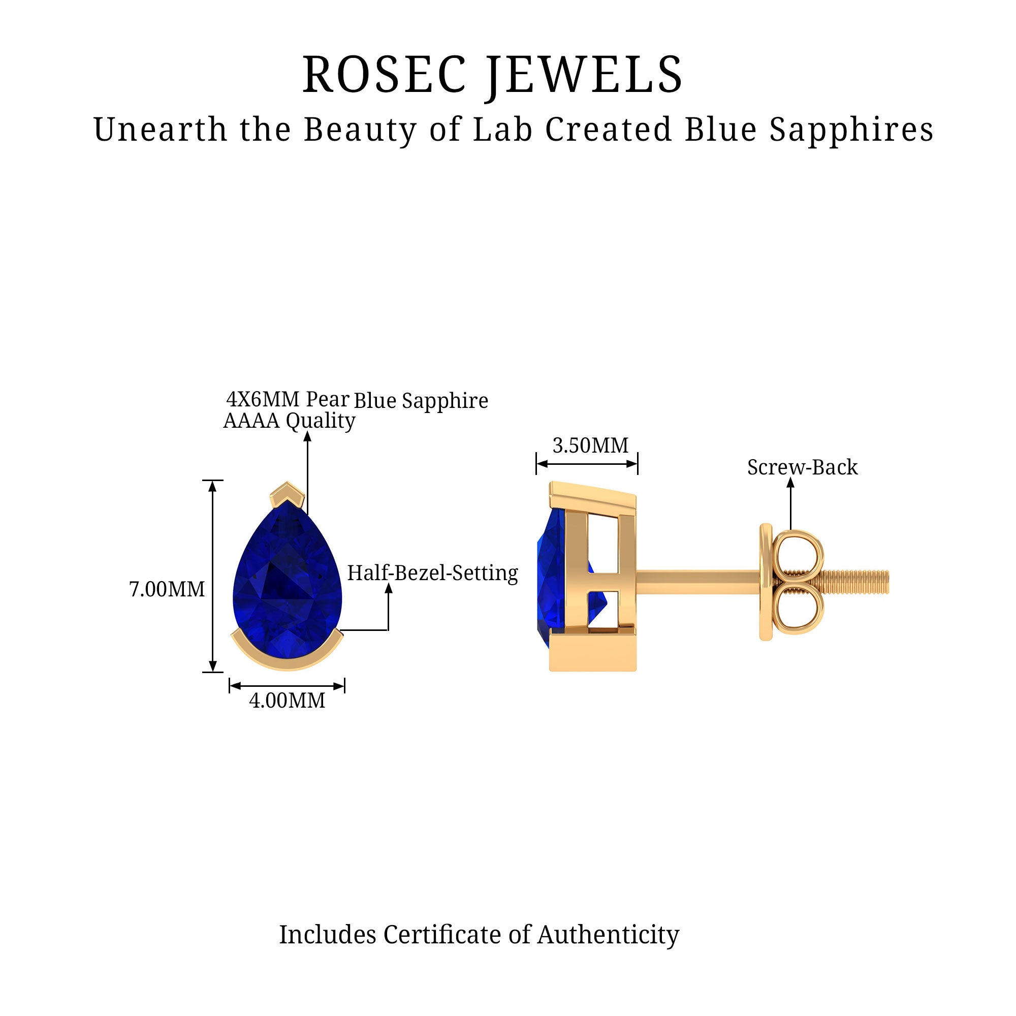 1 Carat Lab Grown Blue Sapphire Teardrop Stud Earrings AAAA - Rosec Jewels