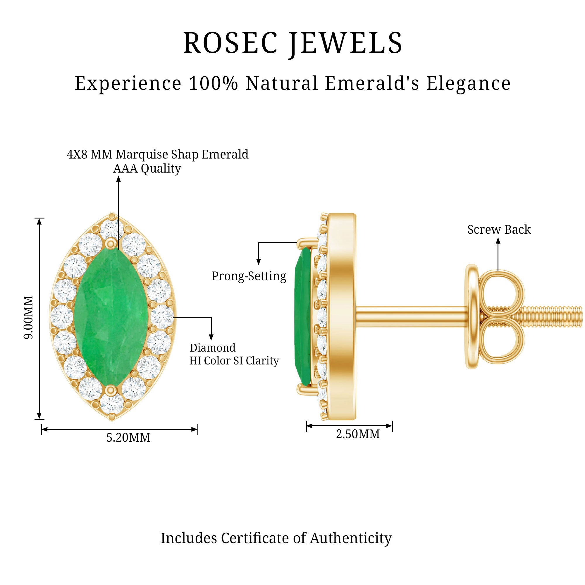 1.6 Carat Marquise Cut Emerald and Diamond Stud Earrings AAA - Rosec Jewels