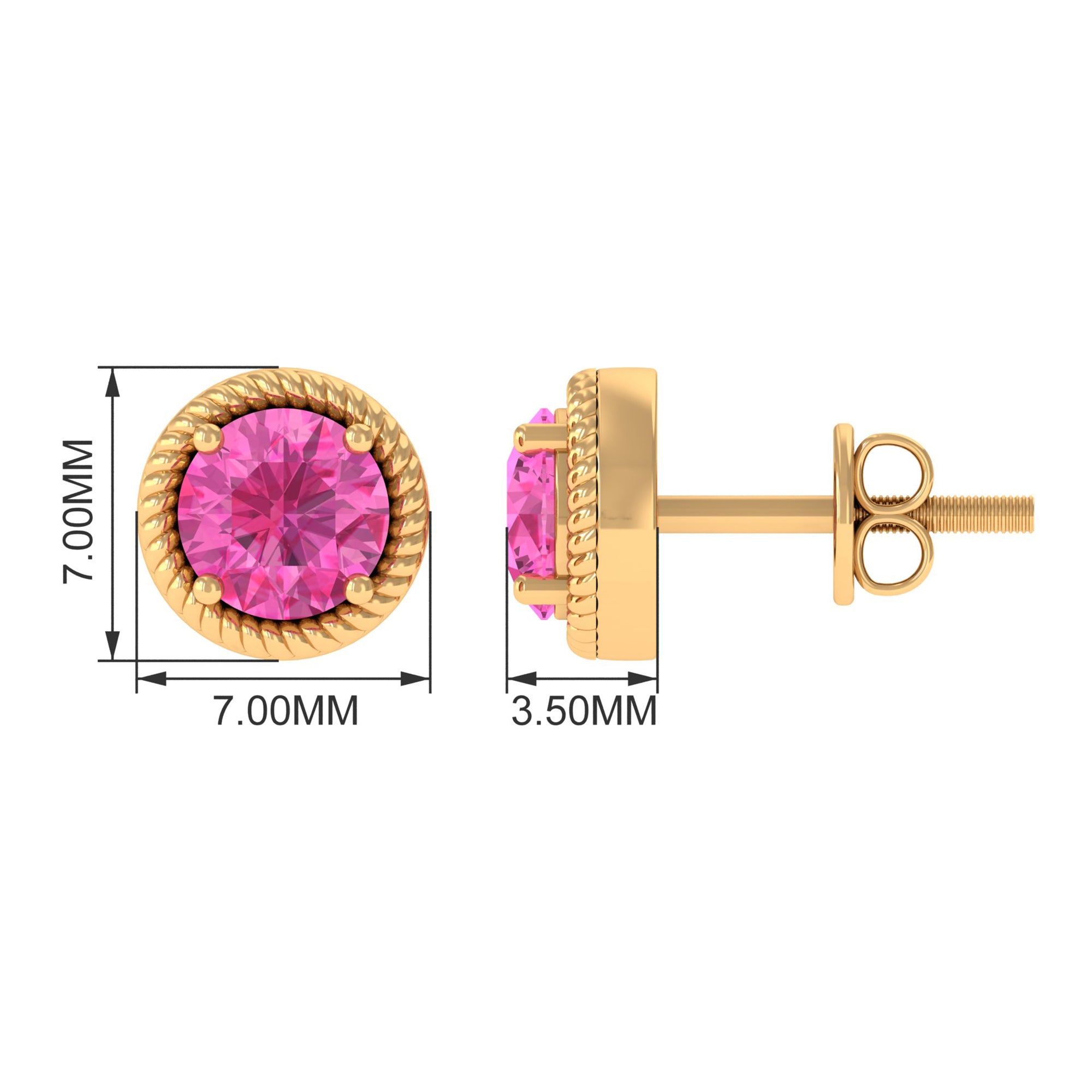 Round Pink Sapphire Solitaire Stud Earrings in Rope Frame Pink Sapphire - ( AAA ) - Quality - Rosec Jewels