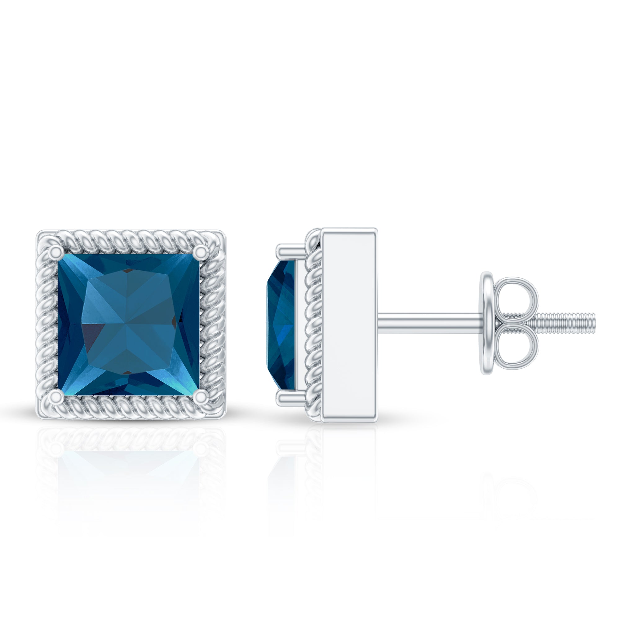 2 Carat Princess Cut London Blue Topaz Stud Earrings AAA - Rosec Jewels