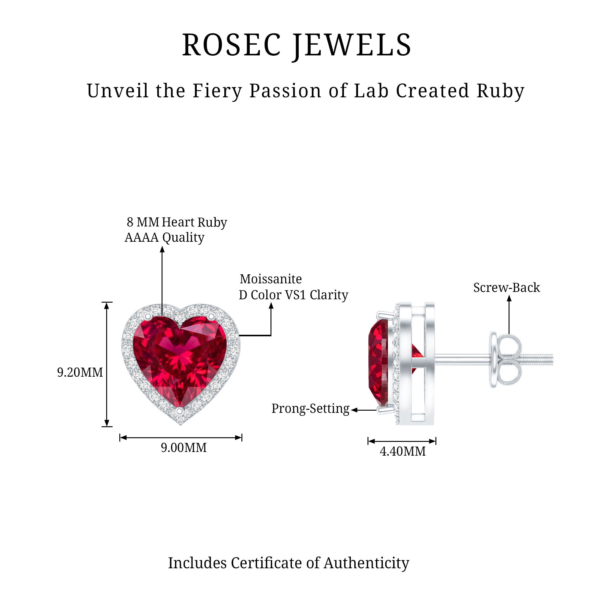 Heart Shape Lab Grown Ruby Stud Earrings For Her AAAA - Rosec Jewels