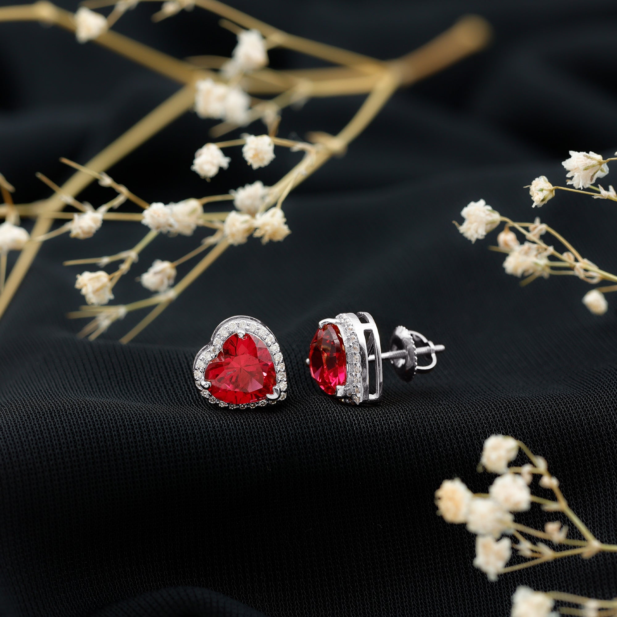 Heart Shape Lab Grown Ruby Stud Earrings For Her AAAA - Rosec Jewels