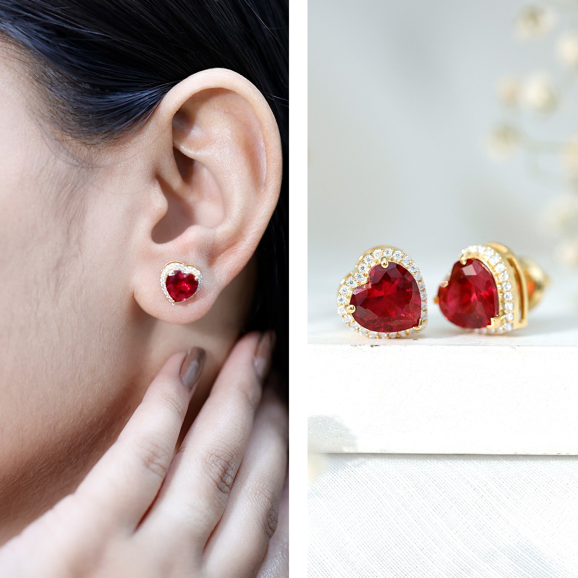 Heart Shape Lab Grown Ruby Stud Earrings For Her AAAA - Rosec Jewels