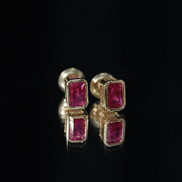1.5 Carat Emerald Cut Lab Grown Ruby Stud Earrings in Bezel Set AAAA 14K Yellow Gold Plated Silver - Rosec Jewels
