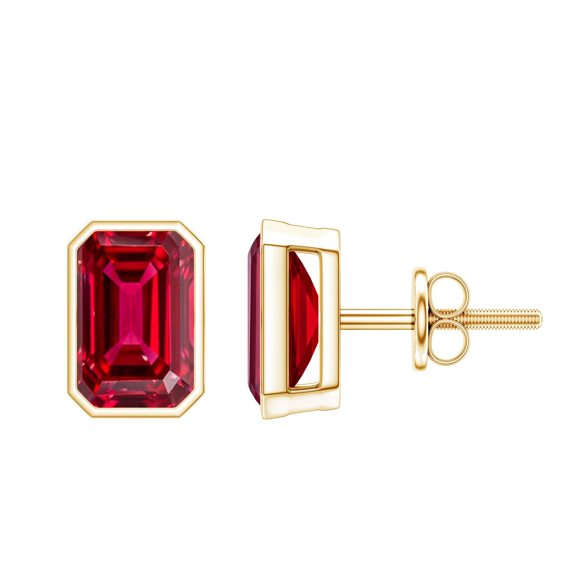 1.5 Carat Emerald Cut Lab Grown Ruby Stud Earrings in Bezel Set AAAA 14K Yellow Gold Plated Silver - Rosec Jewels