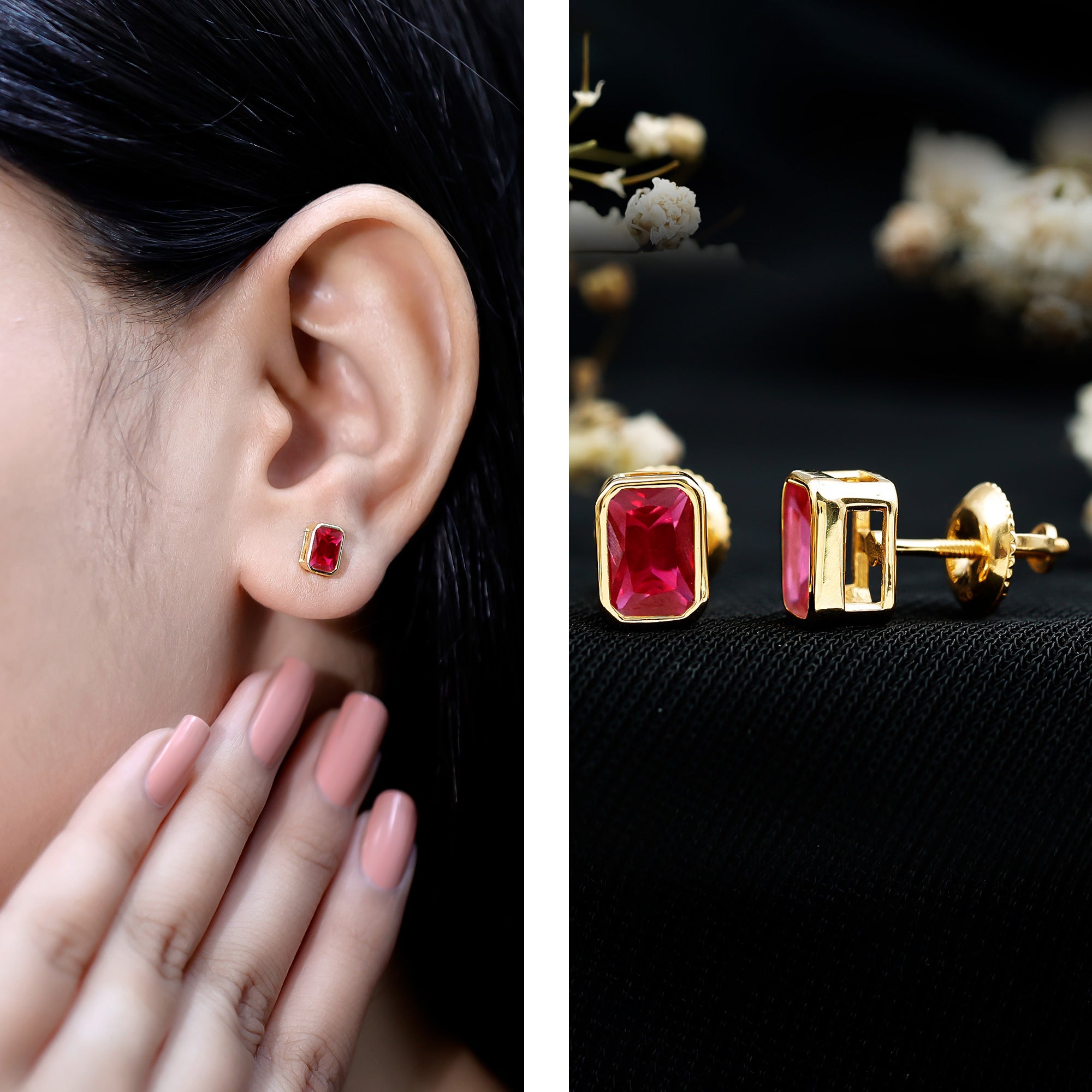 1.5 Carat Emerald Cut Lab Grown Ruby Stud Earrings in Bezel Set AAAA 14K Yellow Gold Plated Silver - Rosec Jewels