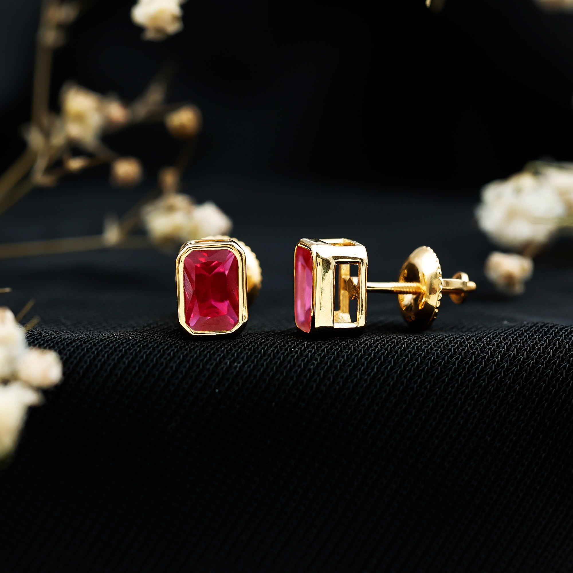 1.5 Carat Emerald Cut Lab Grown Ruby Stud Earrings in Bezel Set AAAA 14K Yellow Gold Plated Silver - Rosec Jewels