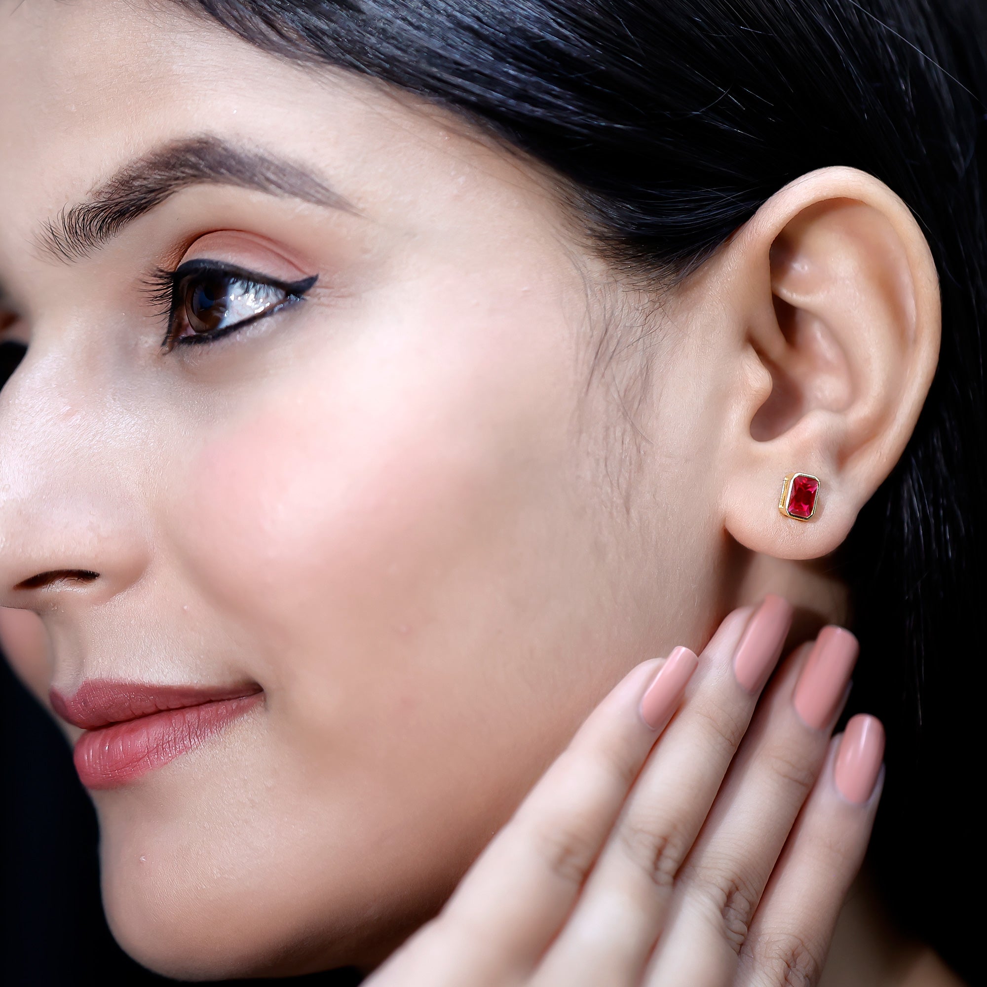 1.5 Carat Emerald Cut Lab Grown Ruby Stud Earrings in Bezel Set AAAA 14K Yellow Gold Plated Silver - Rosec Jewels