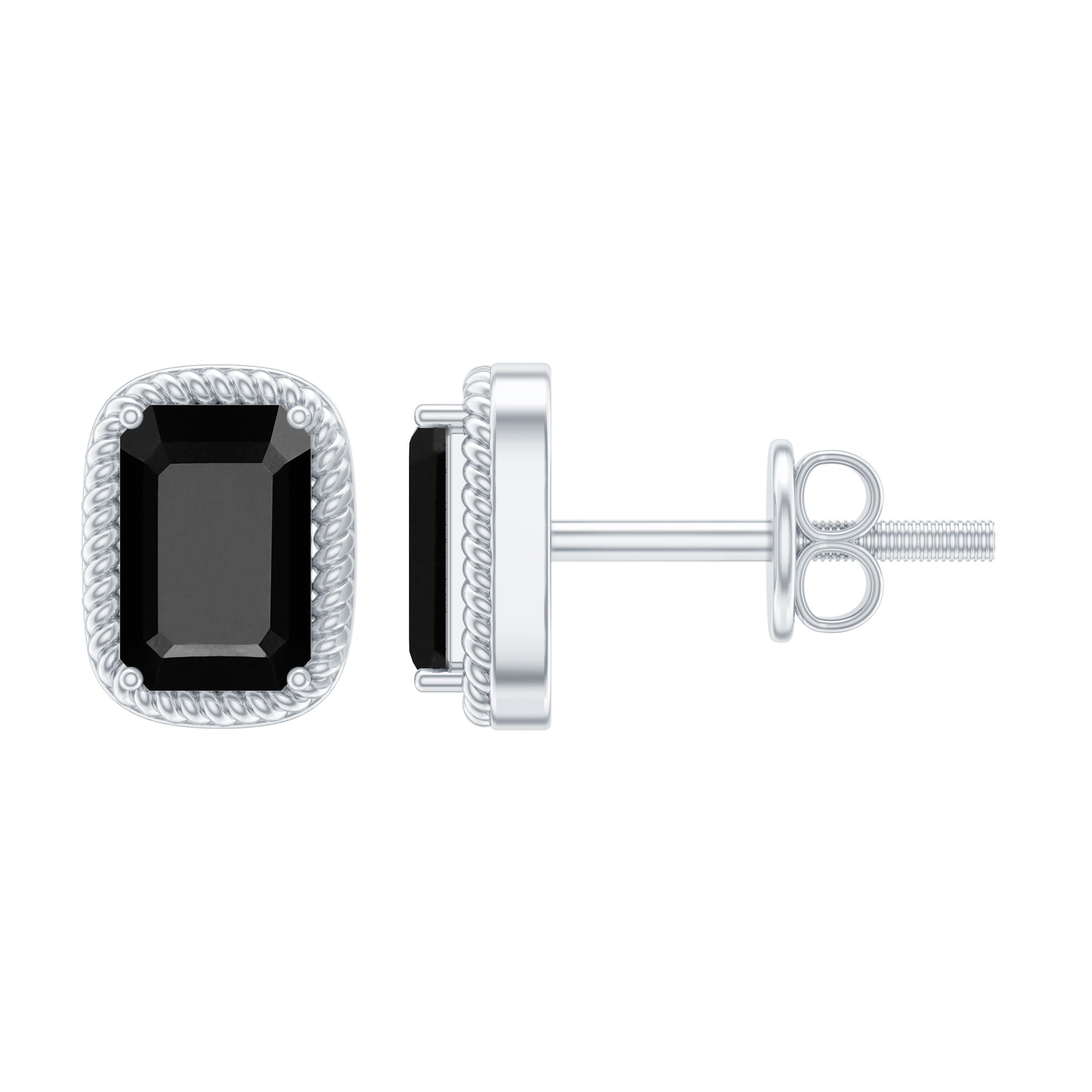 Genuine Black Onyx Emerald Cut Stud Earring with Twisted Rose Frame AAA - Rosec Jewels