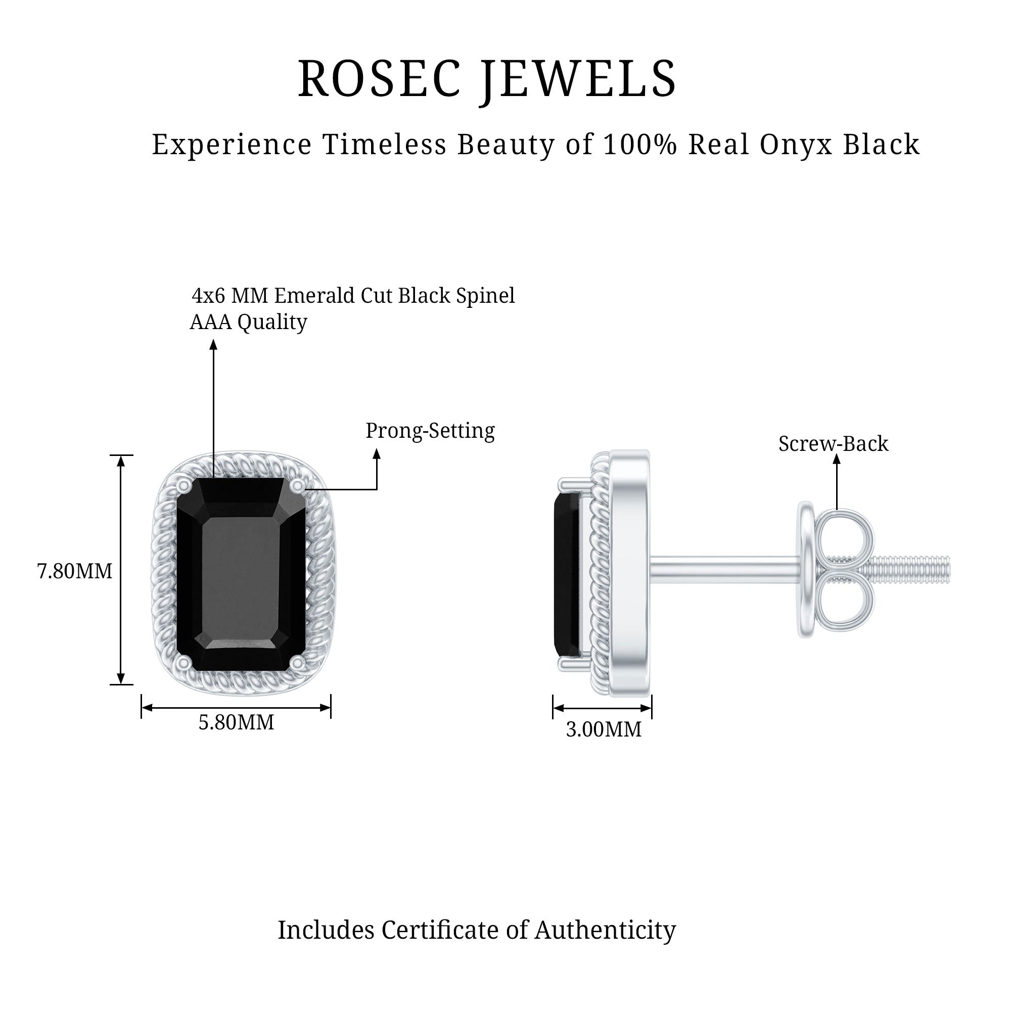 Genuine Black Onyx Emerald Cut Stud Earring with Twisted Rose Frame AAA - Rosec Jewels