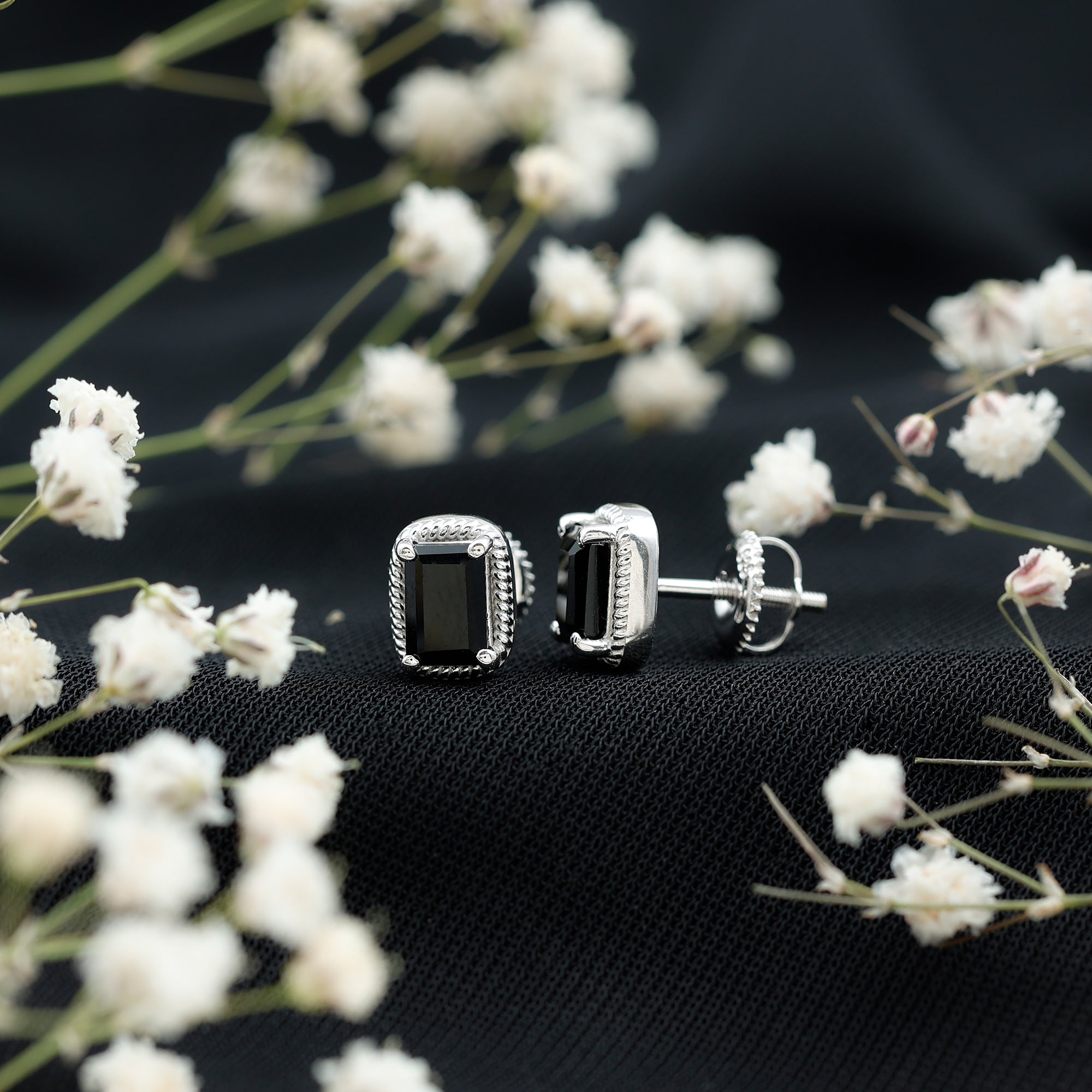 Genuine Black Onyx Emerald Cut Stud Earring with Twisted Rose Frame AAA - Rosec Jewels