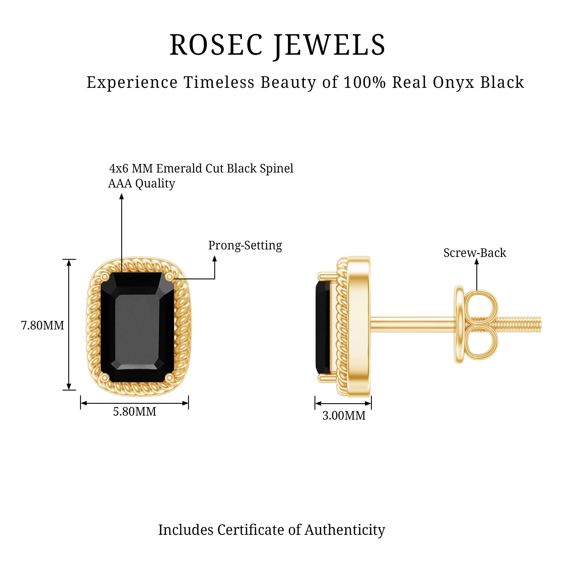 Genuine Black Onyx Emerald Cut Stud Earring with Twisted Rose Frame AAA - Rosec Jewels