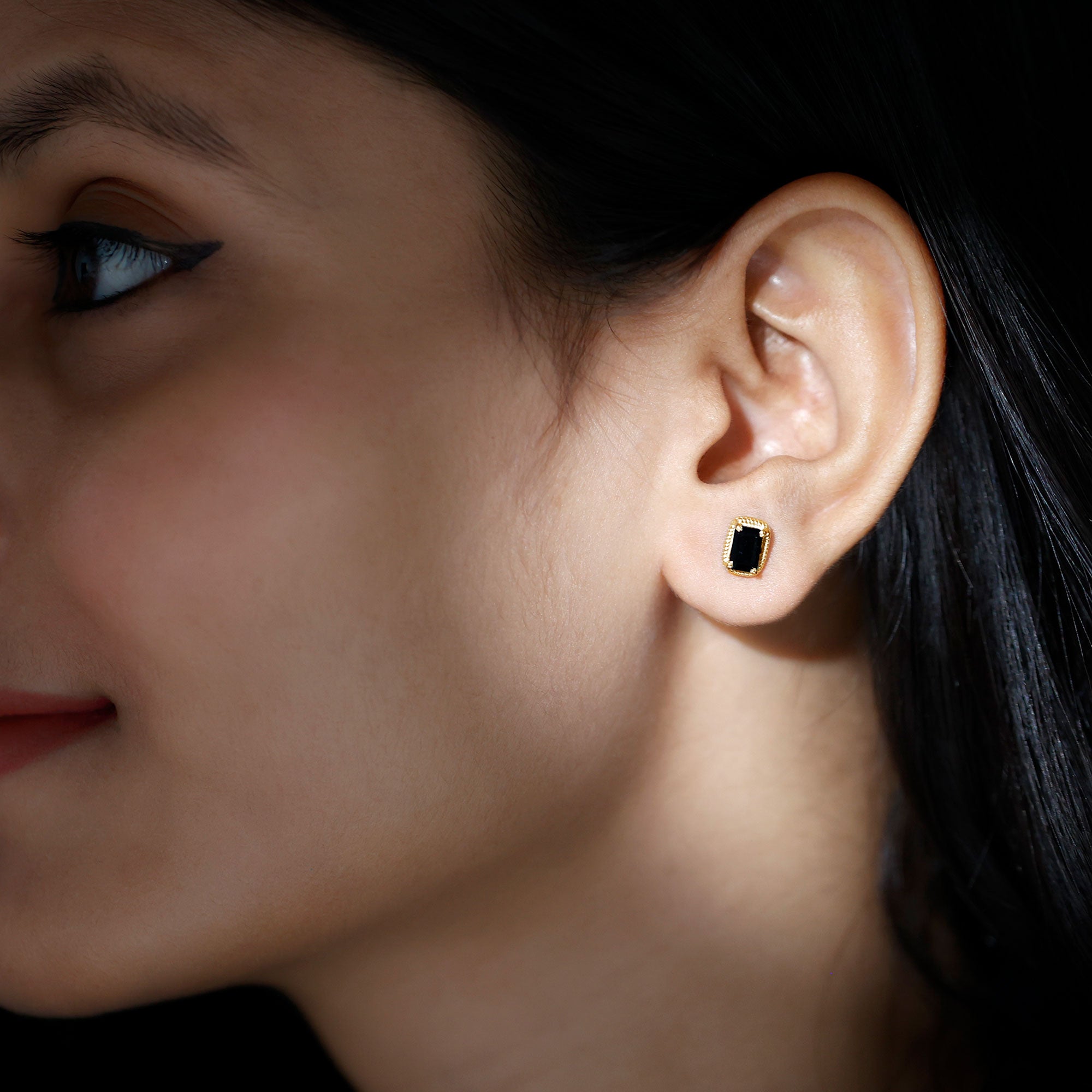Genuine Black Onyx Emerald Cut Stud Earring with Twisted Rose Frame AAA - Rosec Jewels