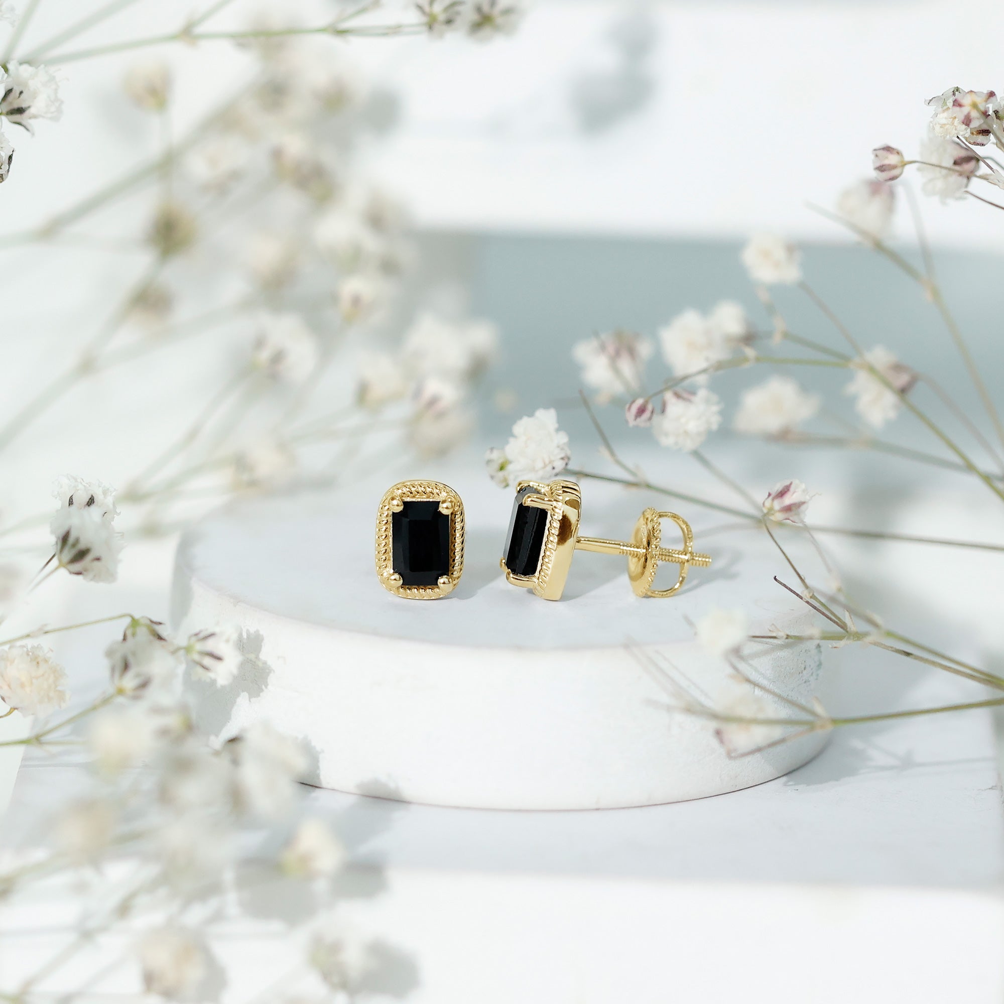 Genuine Black Onyx Emerald Cut Stud Earring with Twisted Rose Frame AAA - Rosec Jewels