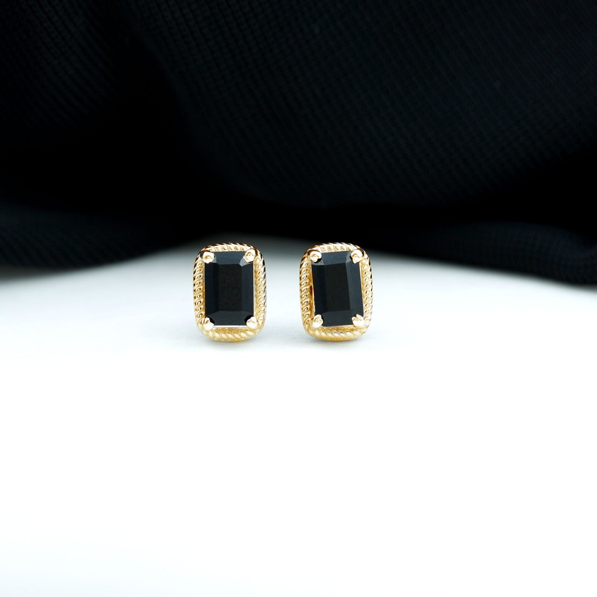 Genuine Black Onyx Emerald Cut Stud Earring with Twisted Rose Frame AAA - Rosec Jewels