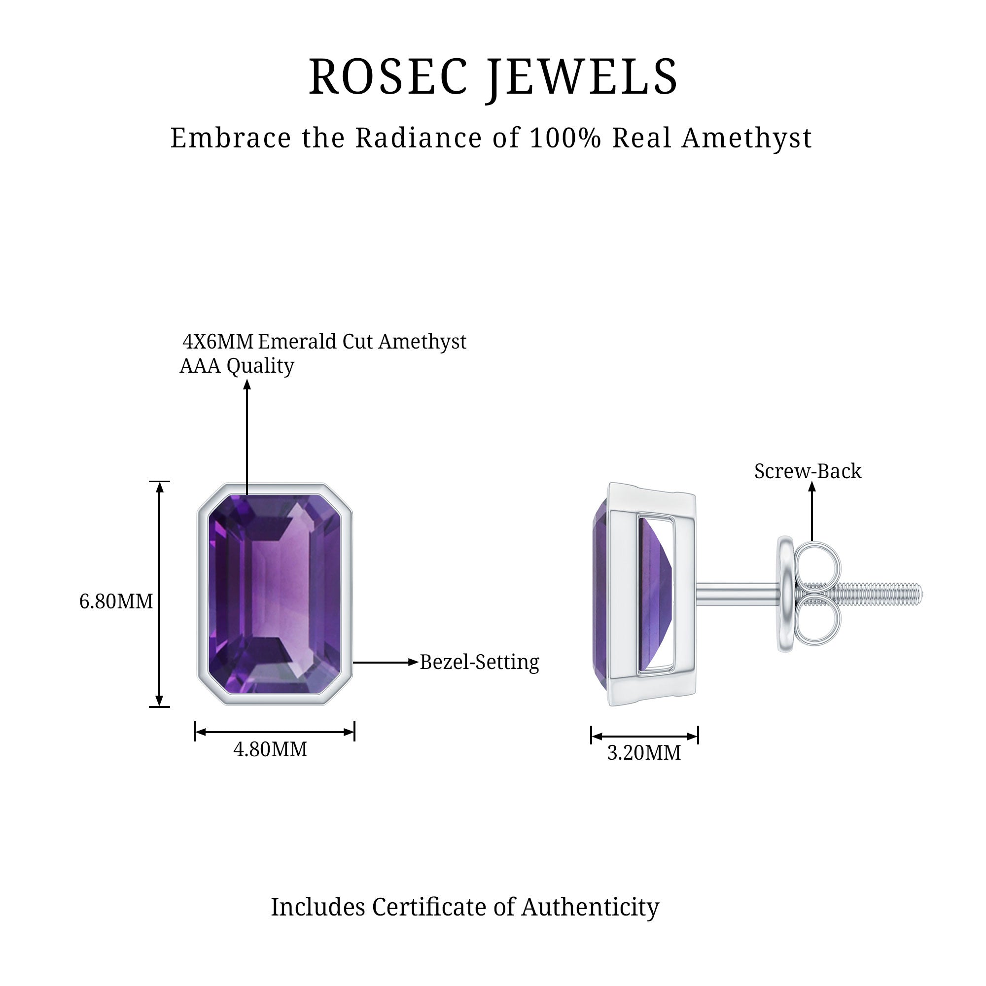 Bezel Set 1.2 Carat Amethyst Stud Earrings In Silver AAA 92.5 Sterling Silver - Rosec Jewels
