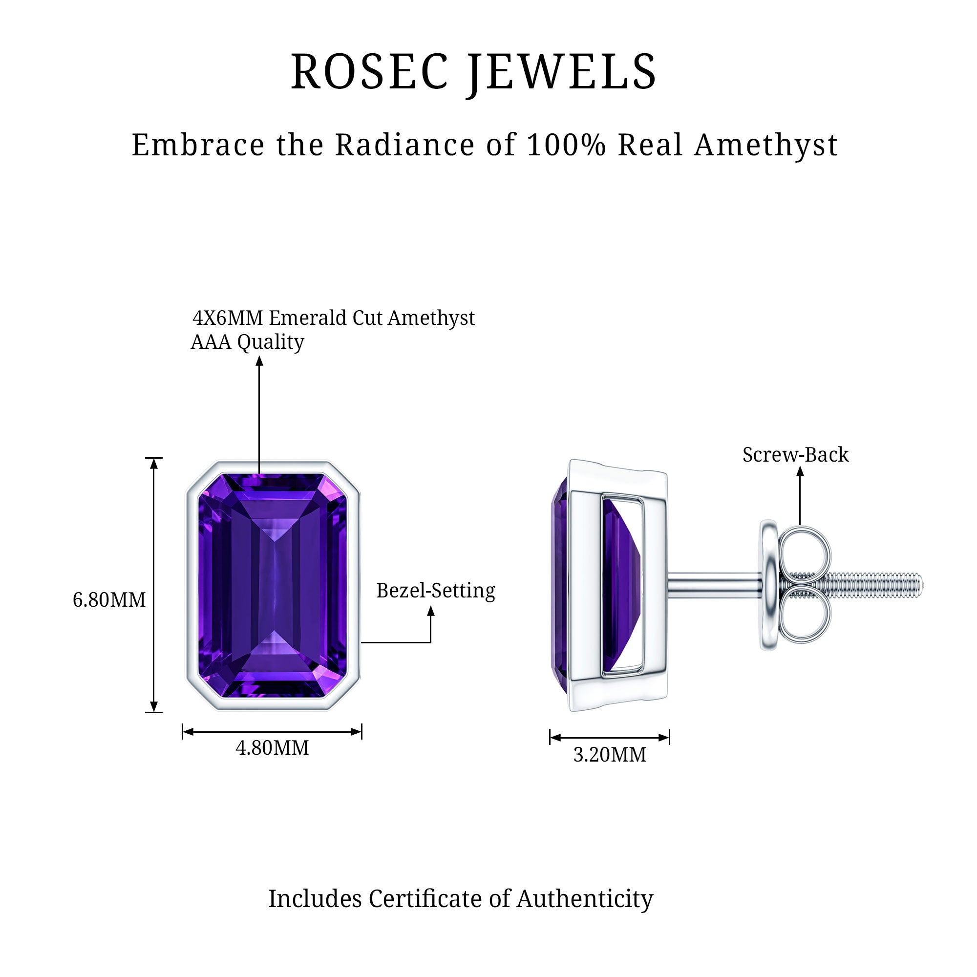 Bezel Set 1.2 Carat Amethyst Stud Earrings In Silver AAA 92.5 Sterling Silver - Rosec Jewels
