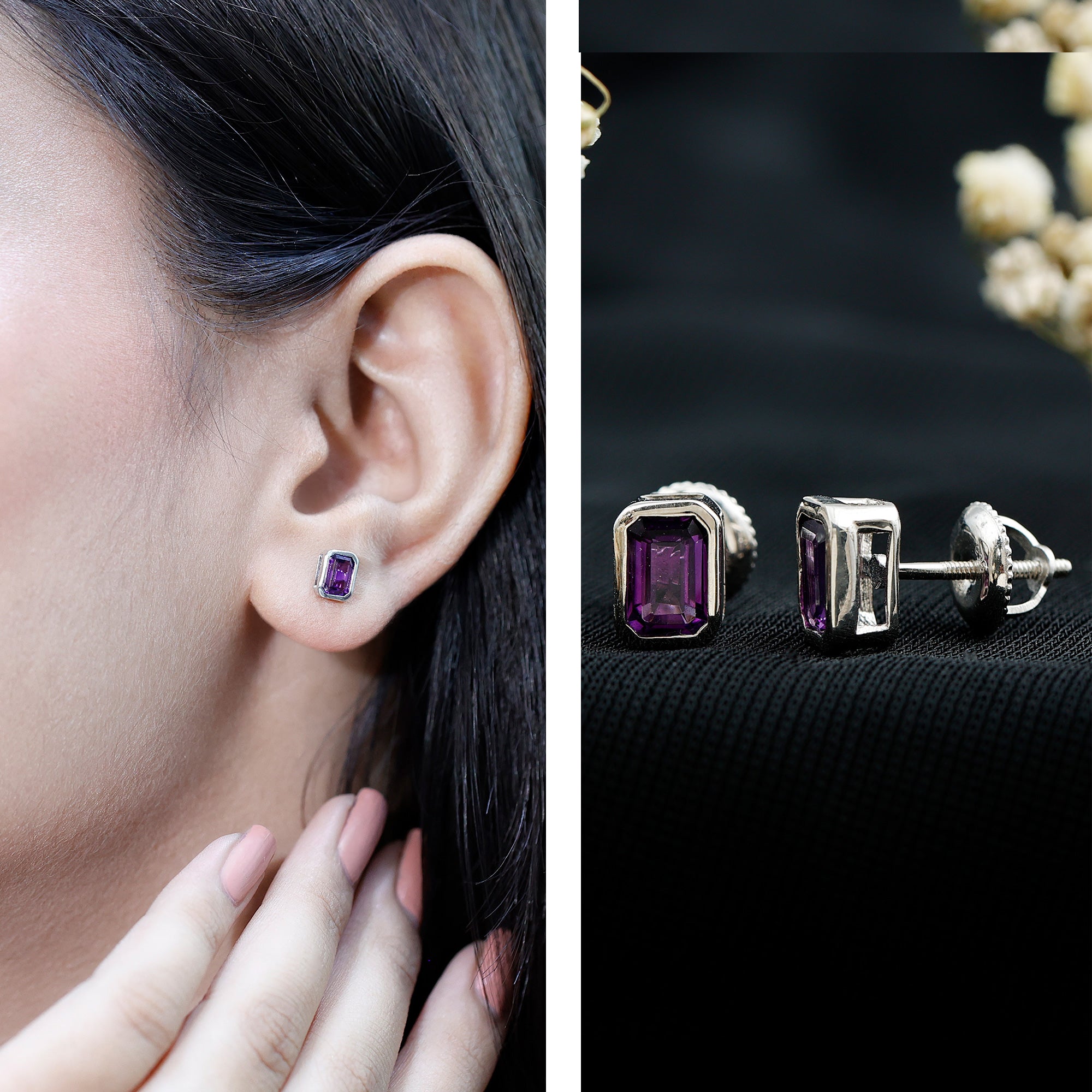 Bezel Set 1.2 Carat Amethyst Stud Earrings In Silver AAA 92.5 Sterling Silver - Rosec Jewels