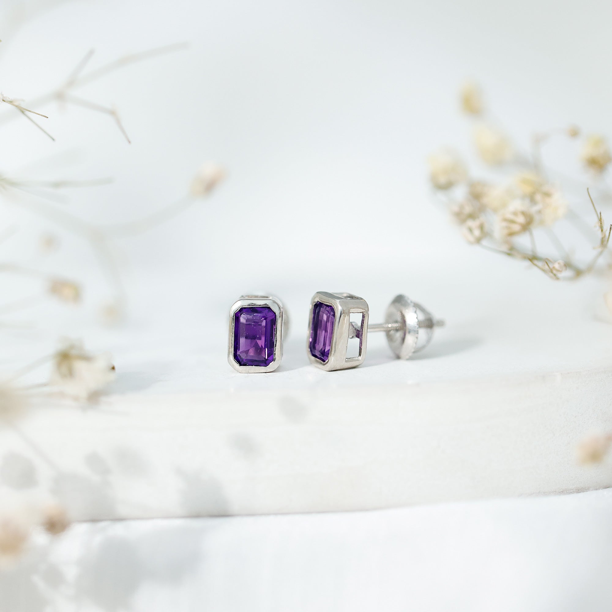 Bezel Set 1.2 Carat Amethyst Stud Earrings In Silver AAA 92.5 Sterling Silver - Rosec Jewels
