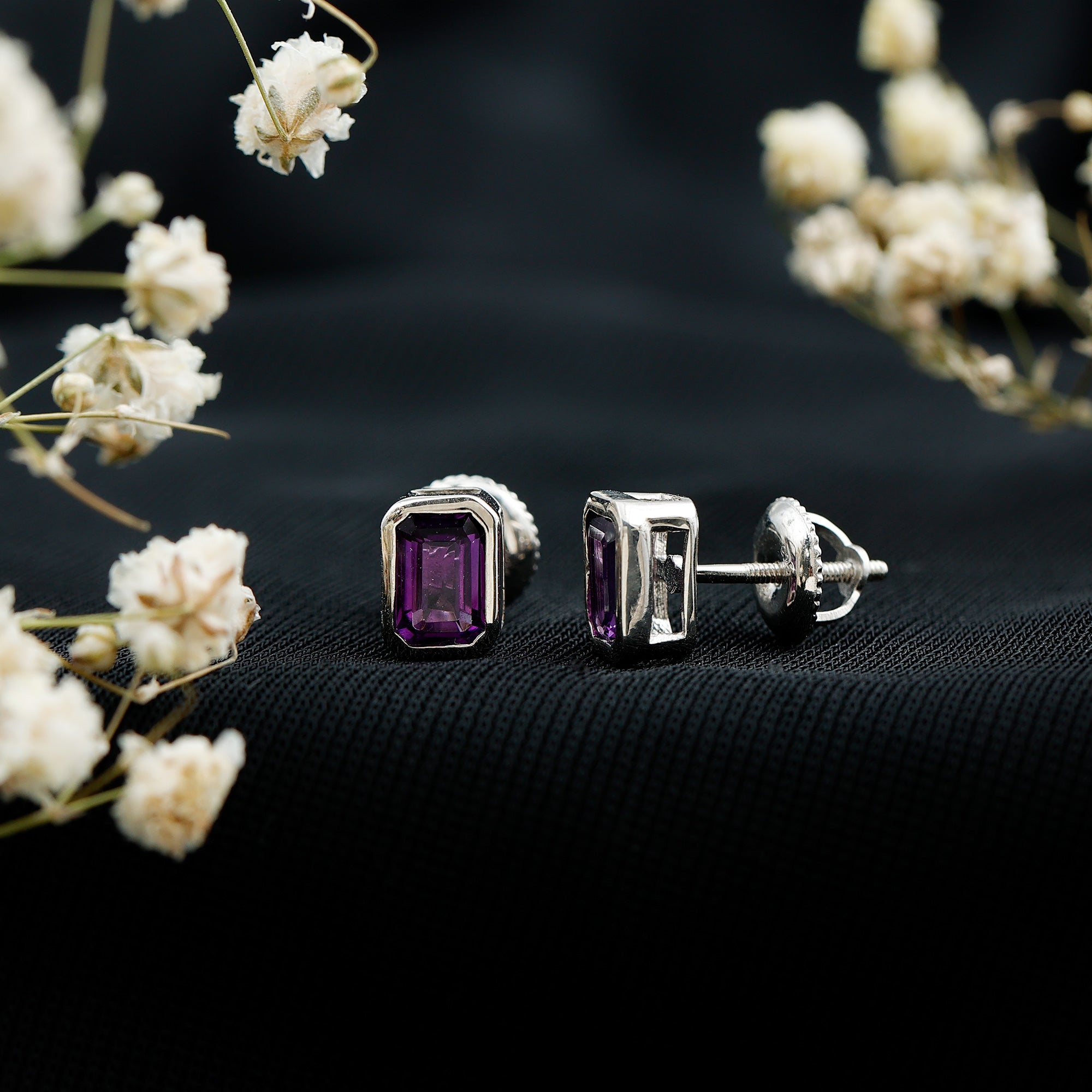 Bezel Set 1.2 Carat Amethyst Stud Earrings In Silver AAA 92.5 Sterling Silver - Rosec Jewels