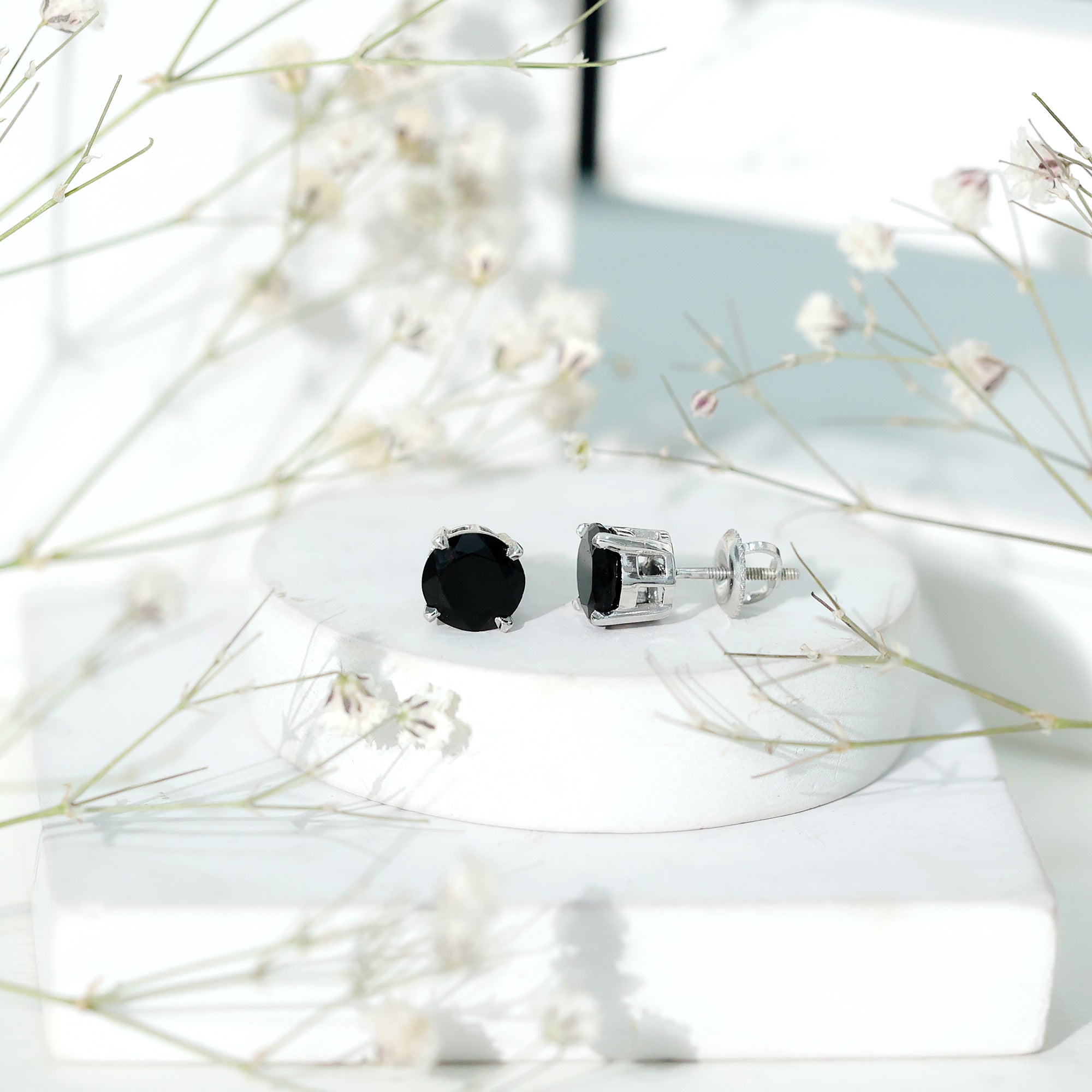 Round Cut Black Onyx Solitaire Stud Earrings AAA - Rosec Jewels