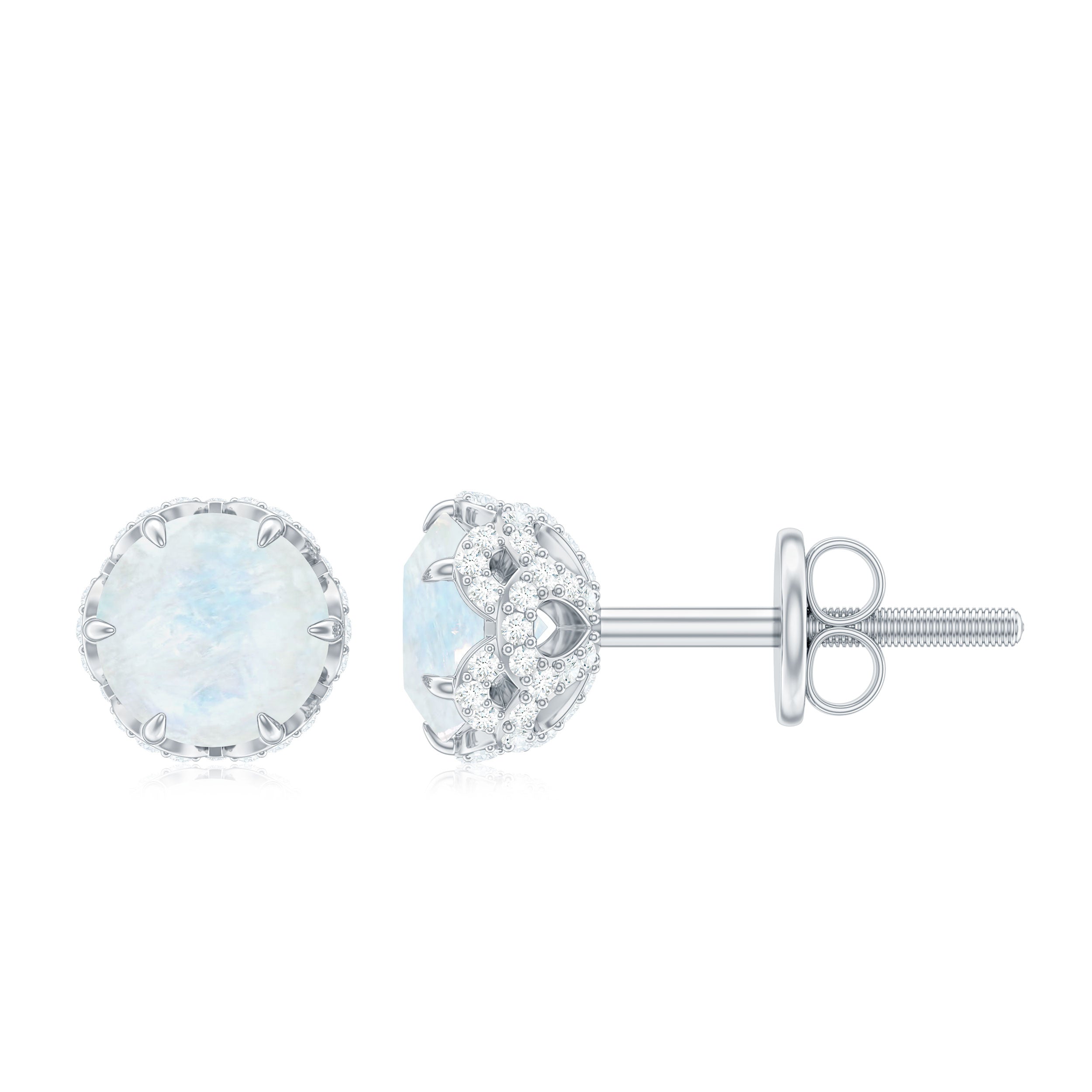Round Cut Genuine Moonstone and Diamond Stud Earrings