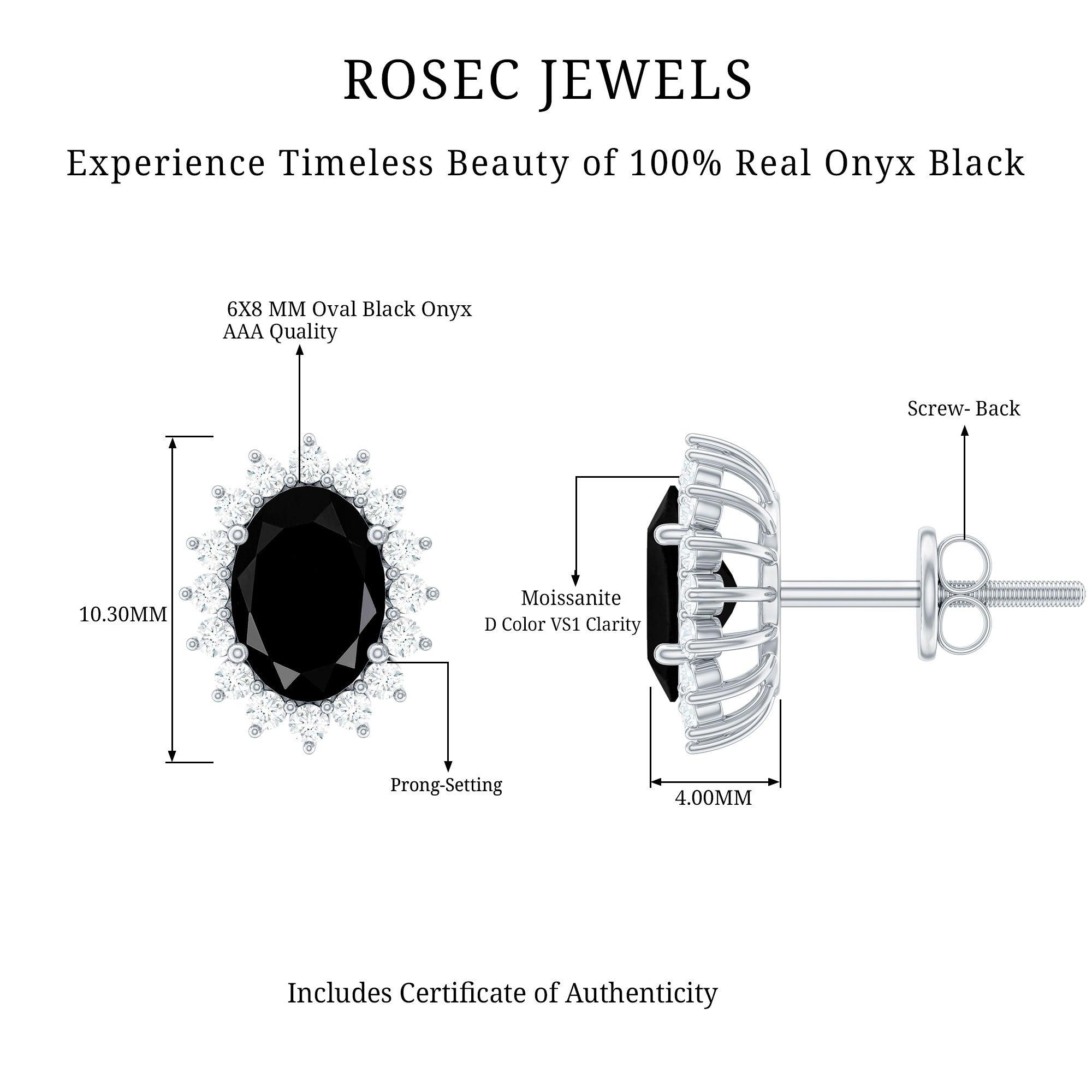 Real 2 Carat Oval Black Onyx Stud Earrings with Moissanite Halo AAA 92.5 Sterling Silver - Rosec Jewels
