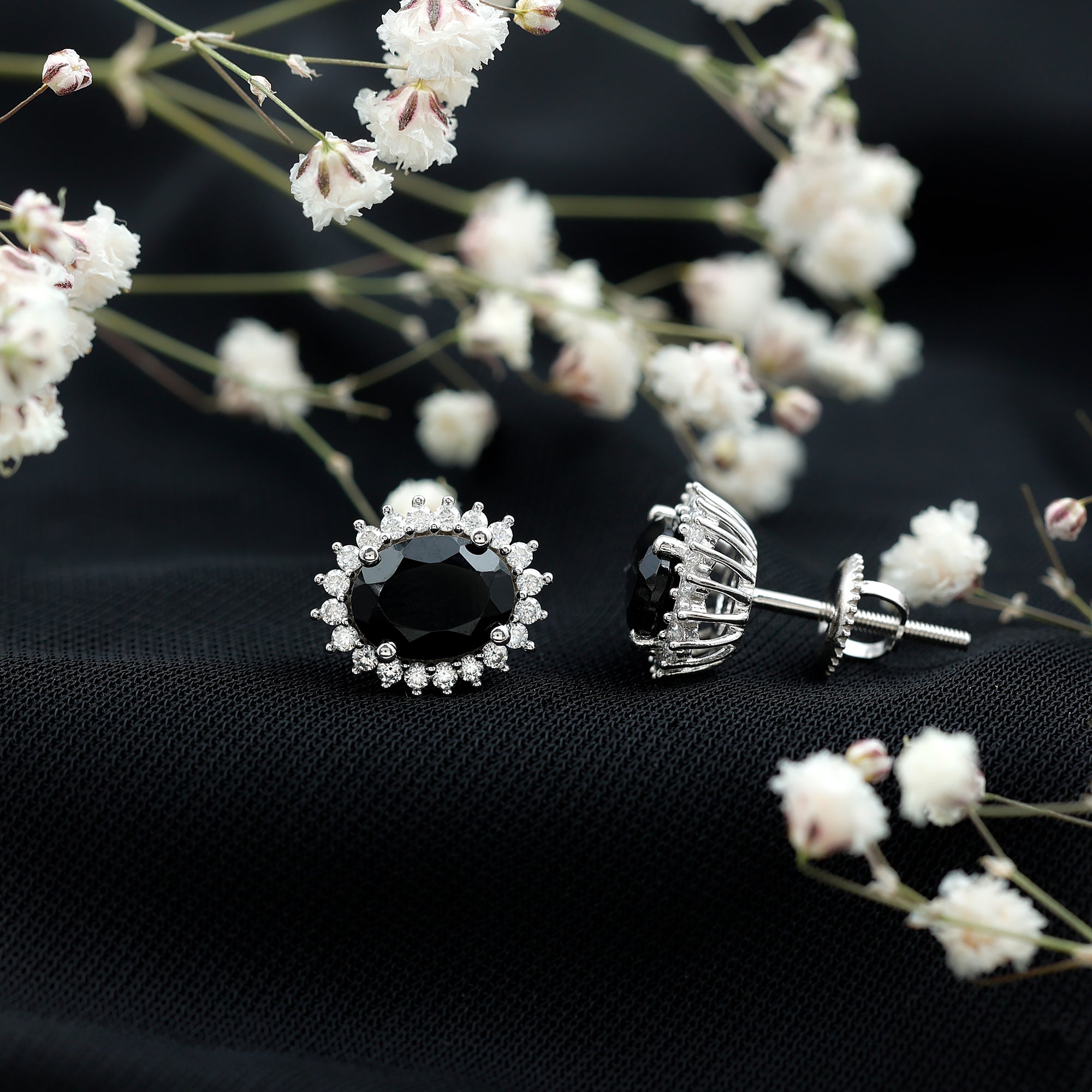 Real 2 Carat Oval Black Onyx Stud Earrings with Moissanite Halo AAA 92.5 Sterling Silver - Rosec Jewels