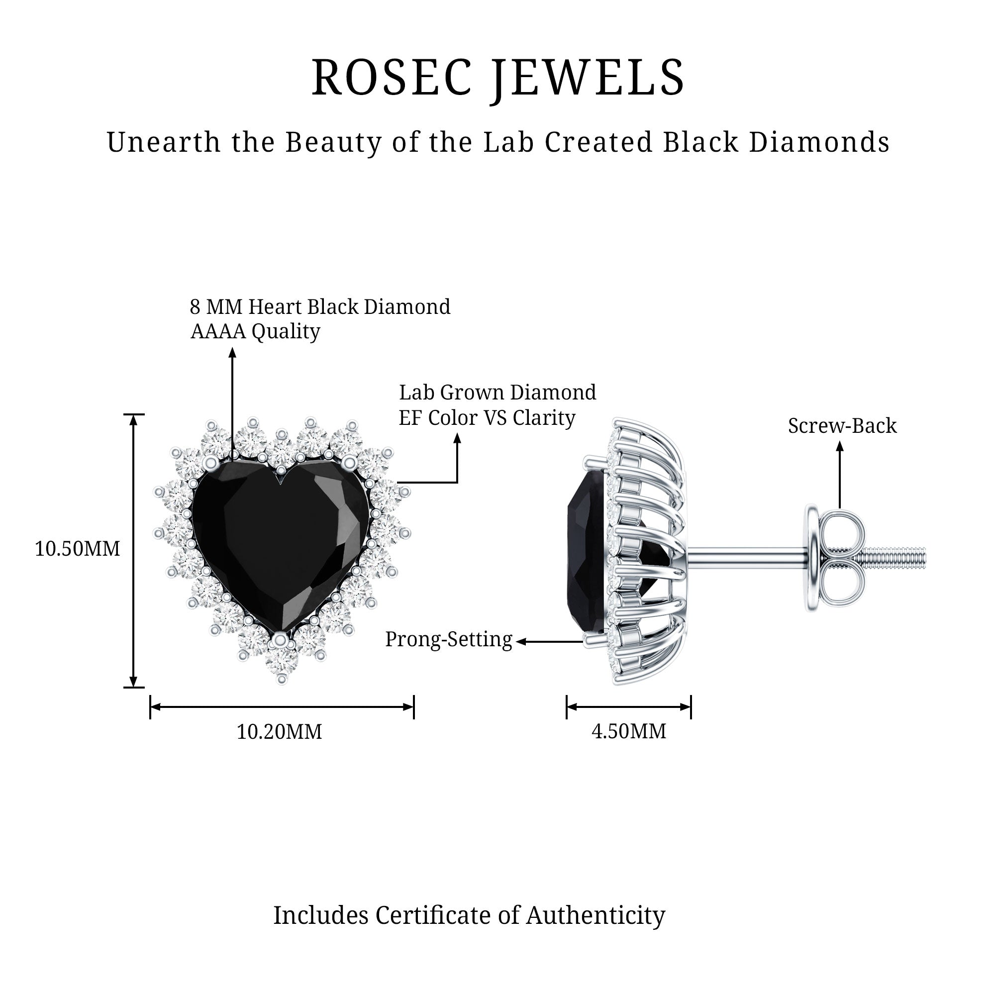 4.8 Carat Lab Created Black and White Diamond Heart Stud Earrings with Halo AAAA ( Synthetic ) - Rosec Jewels