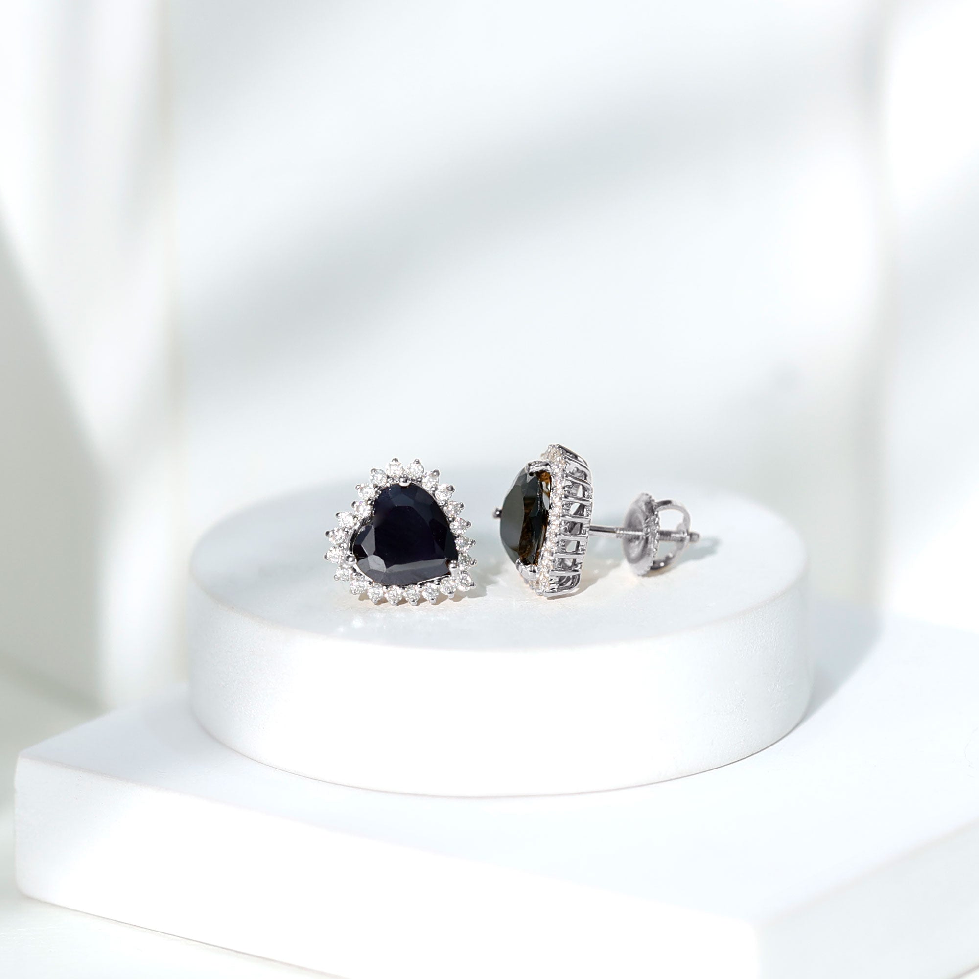 4.8 Carat Lab Created Black and White Diamond Heart Stud Earrings with Halo AAAA ( Synthetic ) - Rosec Jewels