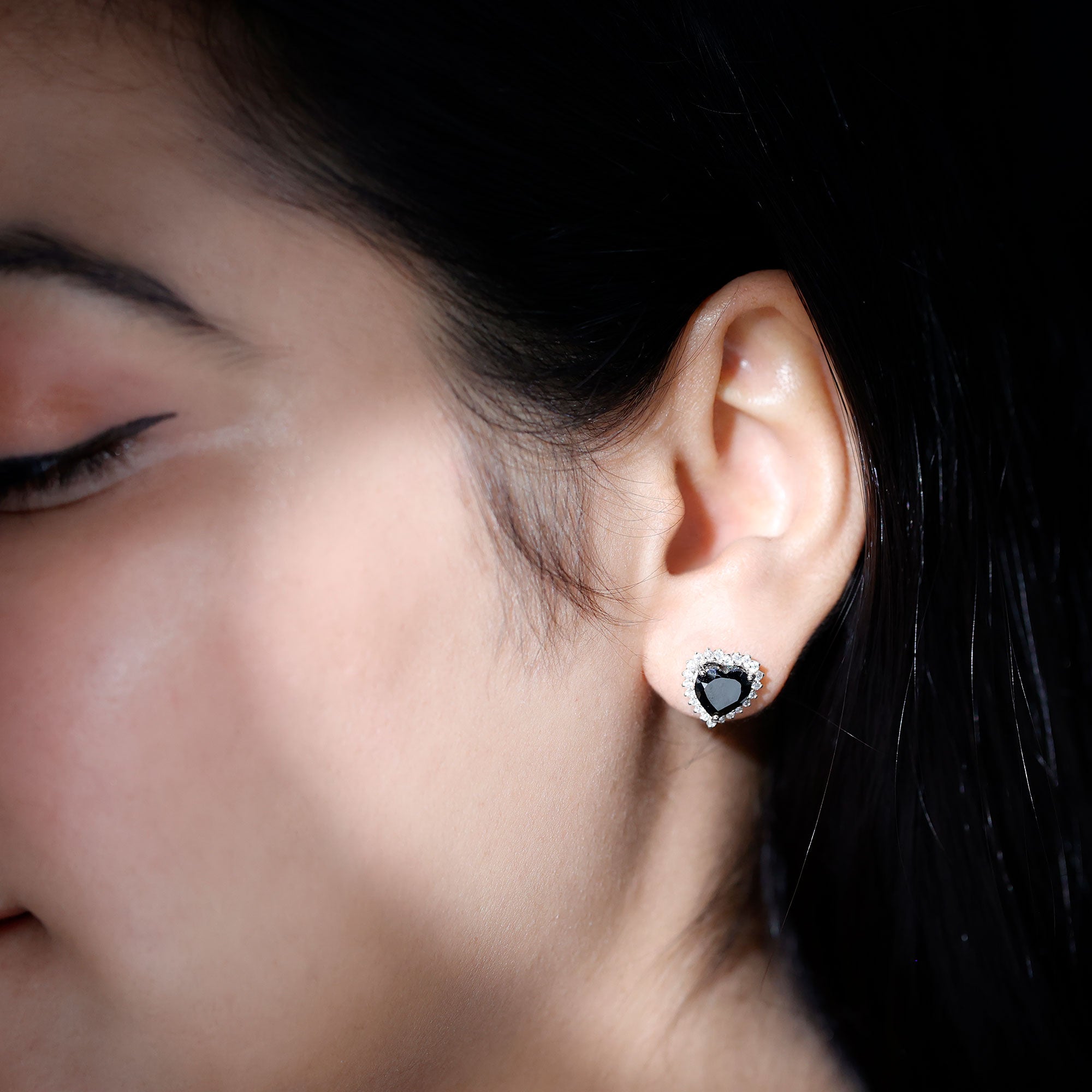 4.8 Carat Lab Created Black and White Diamond Heart Stud Earrings with Halo AAAA ( Synthetic ) - Rosec Jewels