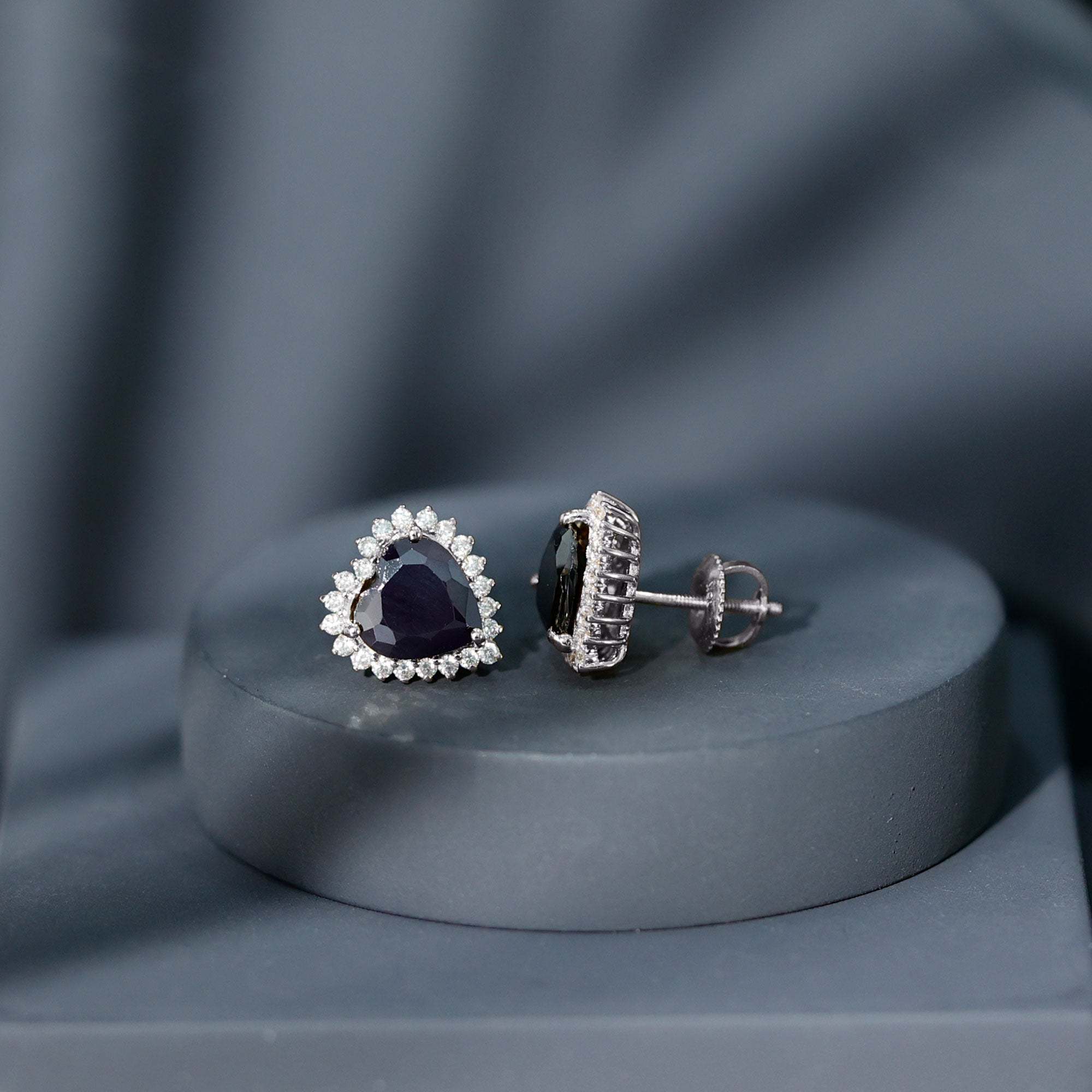 4.8 Carat Lab Created Black and White Diamond Heart Stud Earrings with Halo AAAA ( Synthetic ) - Rosec Jewels