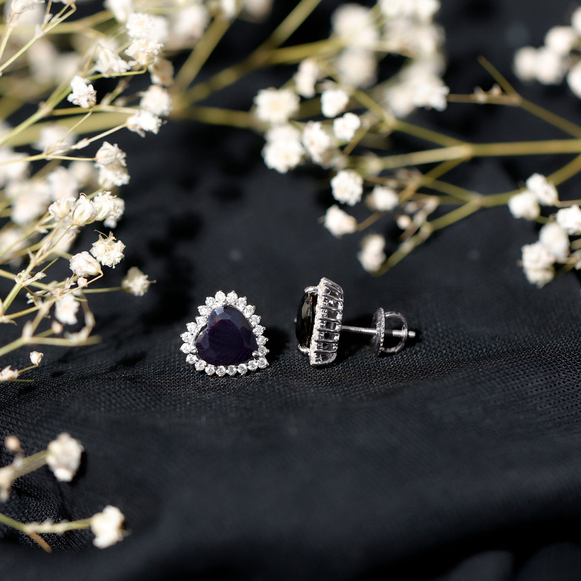 4.8 Carat Lab Created Black and White Diamond Heart Stud Earrings with Halo AAAA ( Synthetic ) - Rosec Jewels
