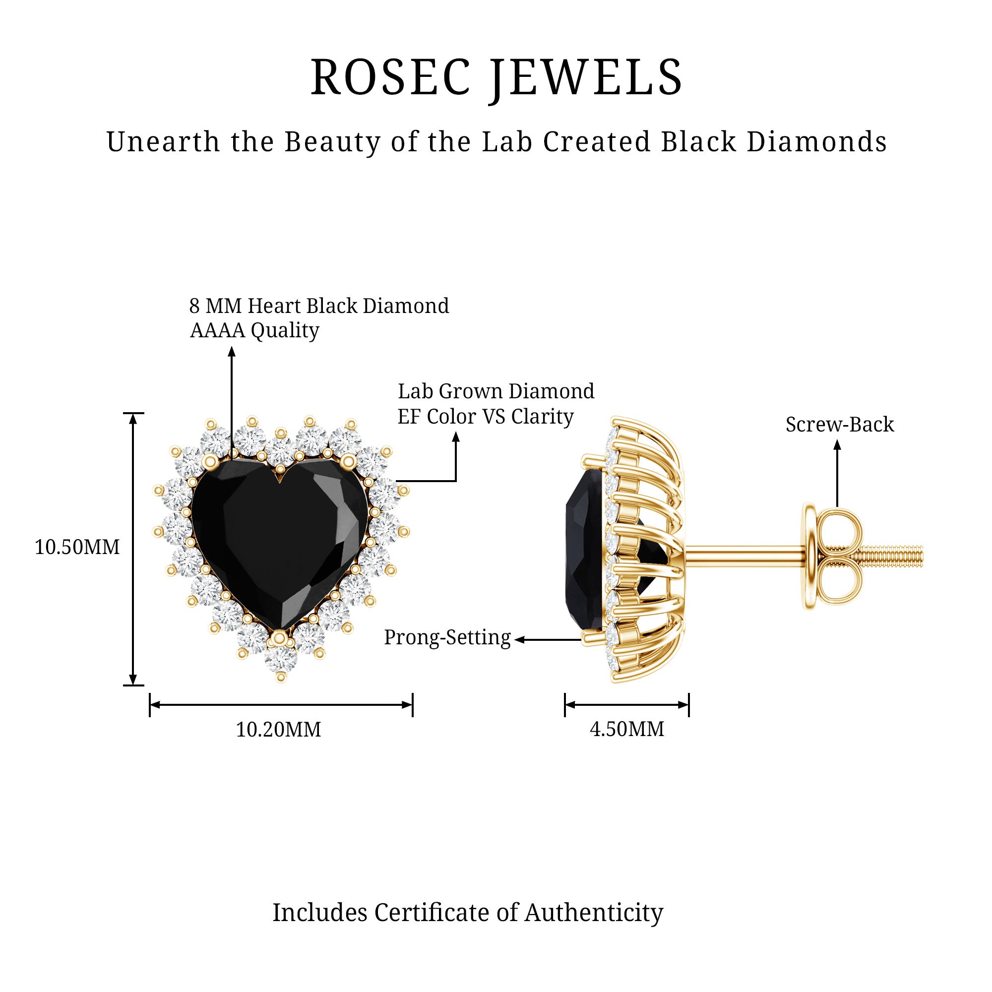 4.8 Carat Lab Created Black and White Diamond Heart Stud Earrings with Halo AAAA ( Synthetic ) - Rosec Jewels