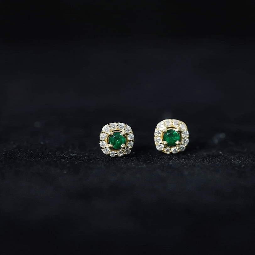 Minimalist Emerald and Diamond Halo Stud Earrings AAA - Rosec Jewels